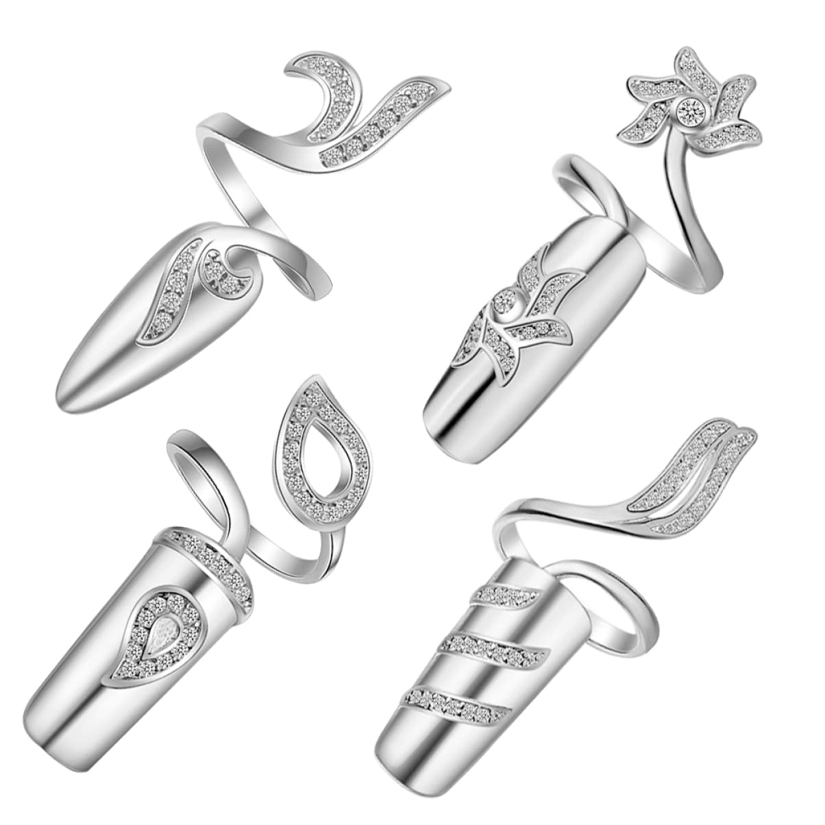 FRCOLOR Silver Gothic Nail Rings for Women - Metal Fingernail Cover Rings with Rhinestones | Elegant Nail Jewelry for Parties, Halloween & Gothic Fashion