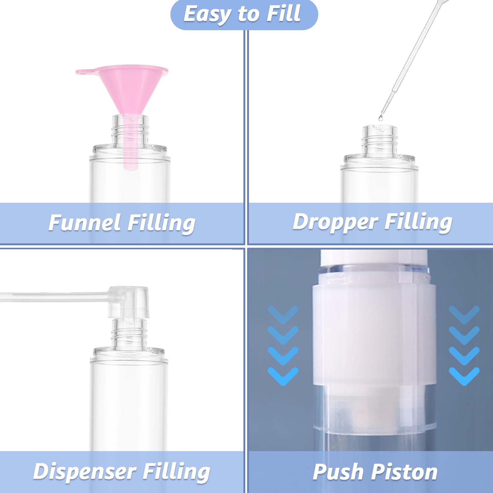 12 Pack 3.4OZ/100ML Airless Pump Bottles - Leak-Proof Travel Cosmetic Containers with Funnel & Dropper for Shampoo, Lotion, Foundation | Refillable Toiletry Bottles for Home, Gym & Vacation Travel Essentials
