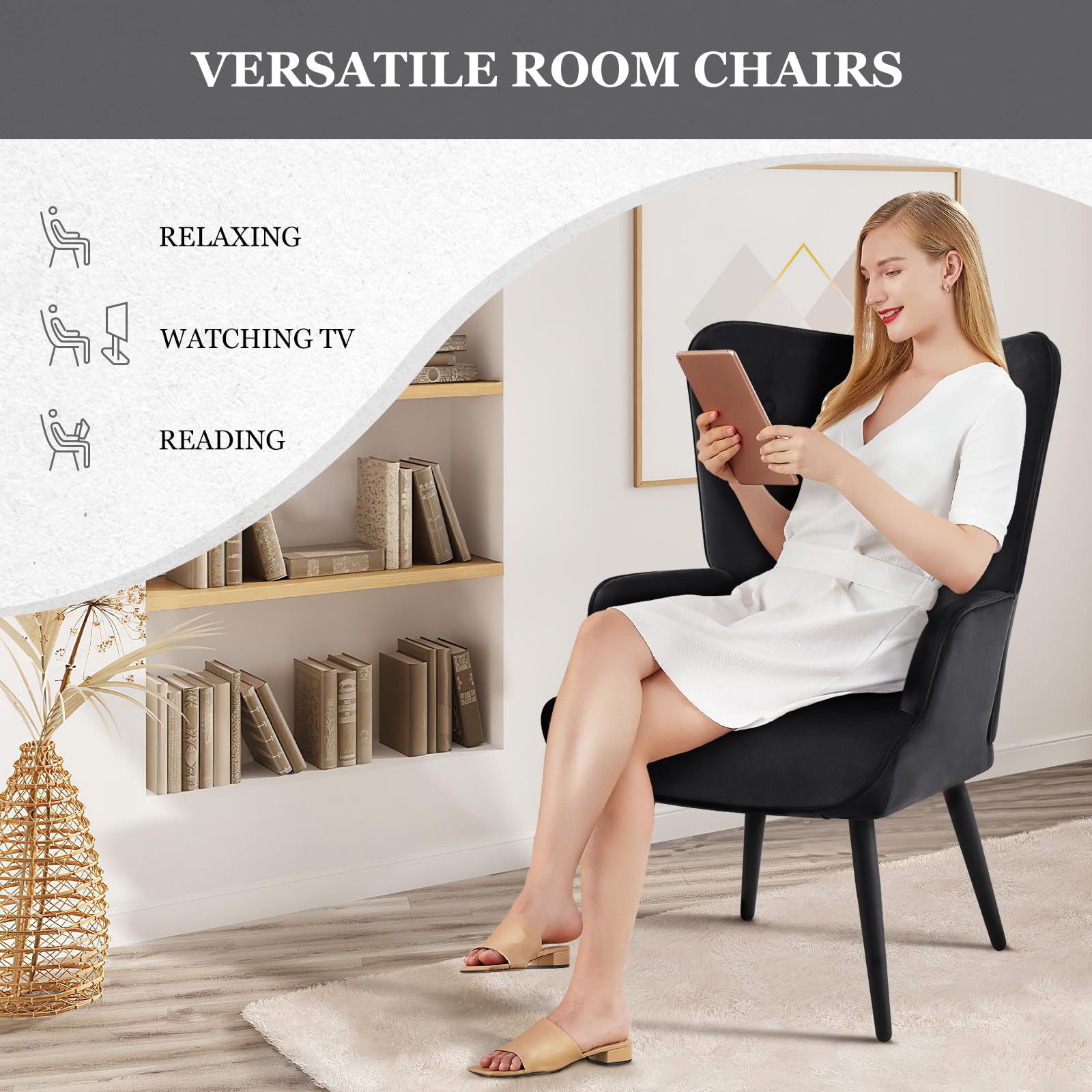 Furnimart Black Velvet Accent Chair - Mid Century Modern Living Room Armchair with Comfortable Cushion | Stylish Wingback Design for Office, Study, Bedroom, Vanity & Waiting Room | Perfect for Relaxing, Reading & Home Decor