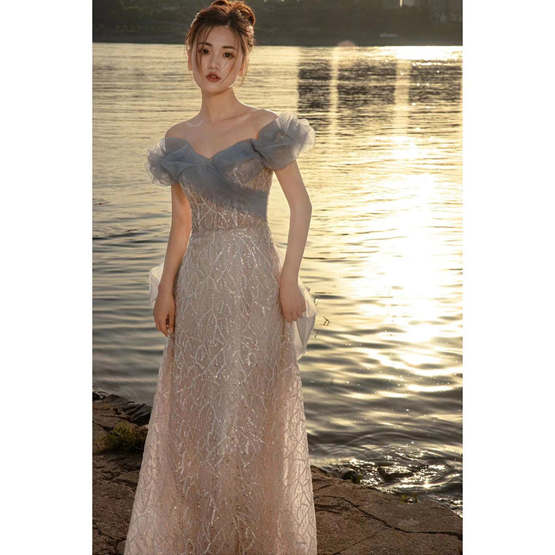 Elegant Off-Shoulder French Long Prom Dress with Sparkles - Perfect for Evening Gala, Formal Events & Special Occasions