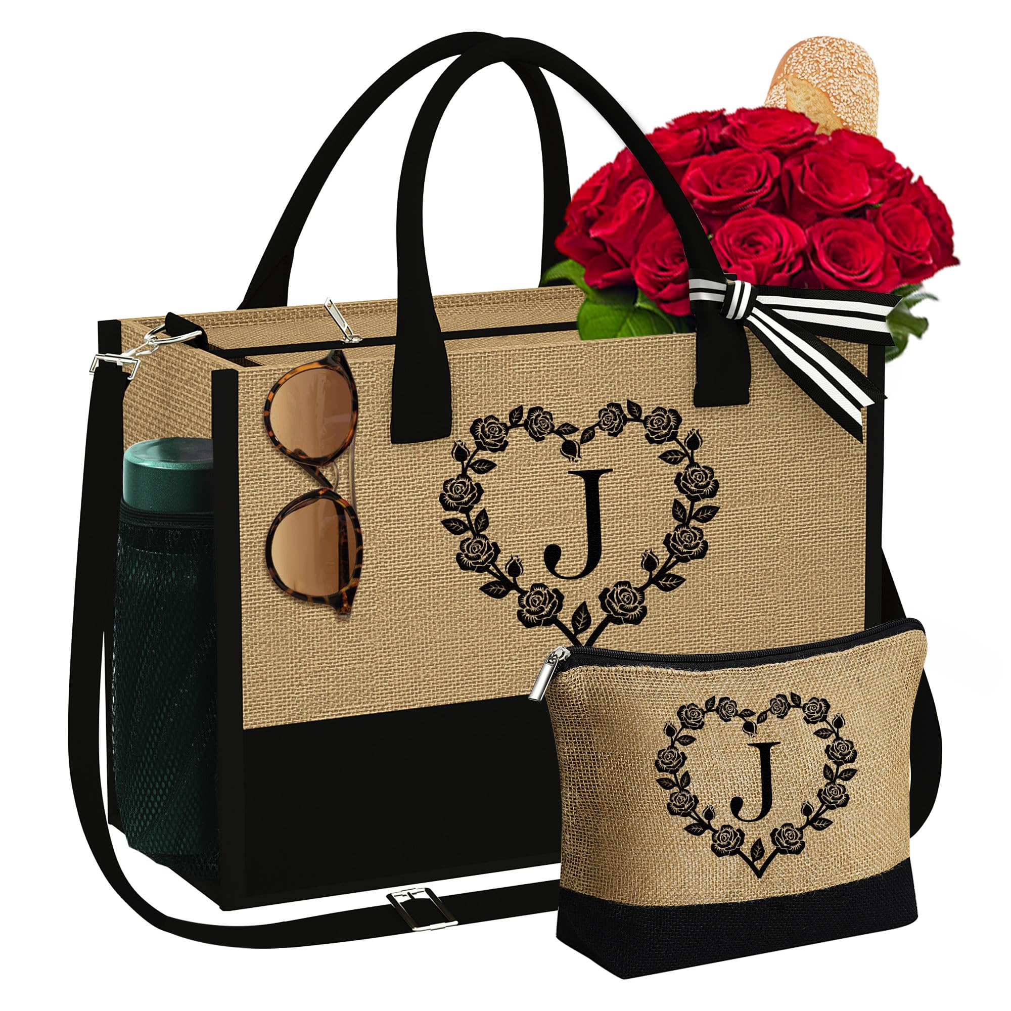 Personalized Beach Tote Bag & Makeup Bag Set - Custom Initial Gifts for Women, Mom, Teacher, Friend - Perfect for Birthday, Travel & Daily Use