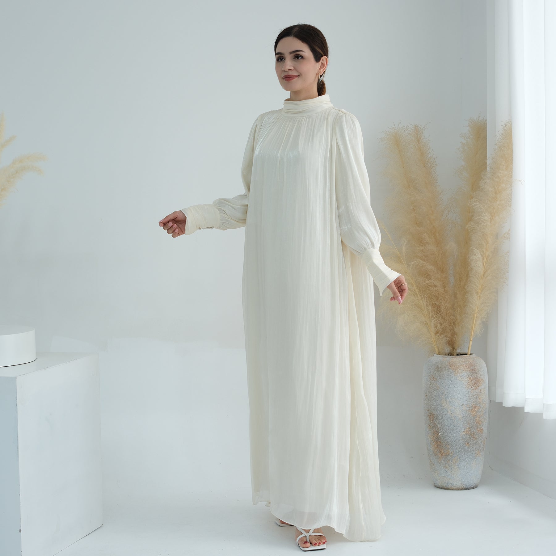 Indira Sparkles Long Sleeve Maxi Dress Ivory - Elegant Evening Gown for Women, Perfect for Weddings, Parties & Special Occasions
