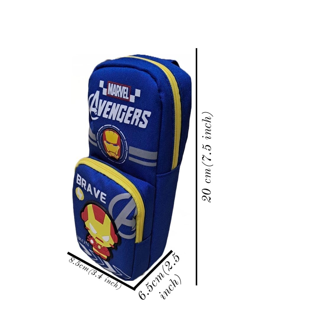 Marvel Avengers Themed Pencil Case for Boys - Dual Compartment School Stationery Organizer with 2 Pens Included | Perfect for School, Office & Travel (Iron Pouch + 2 Pens)