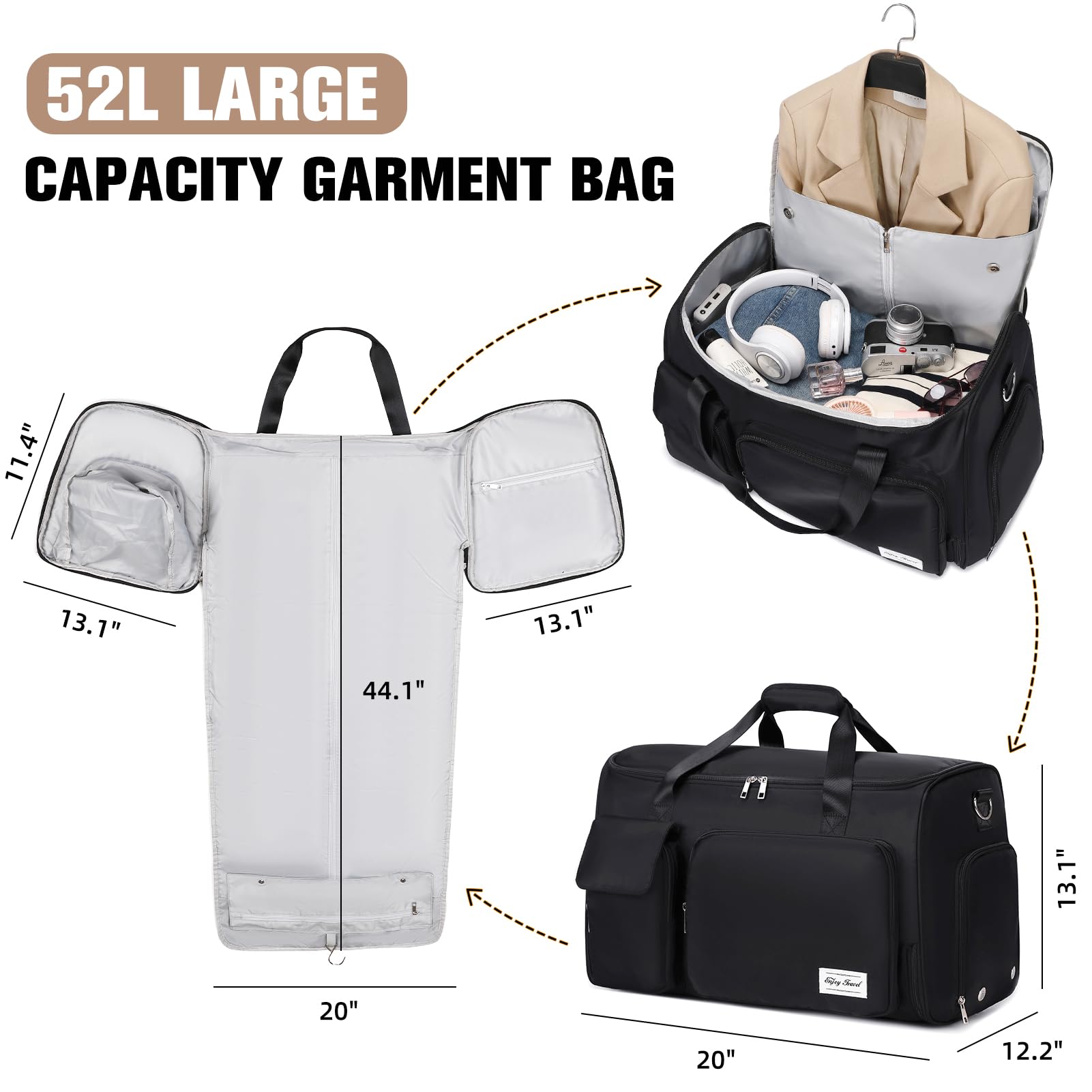 2-in-1 Convertible Travel Garment Bag with Shoe Compartment & Toiletry Bag - Foldable Carry On Duffle Backpack for Suits & Dresses - Hanging Clothes Organizer for Men & Women (Black) | Perfect for Business Trips, Weddings & Vacation Packing