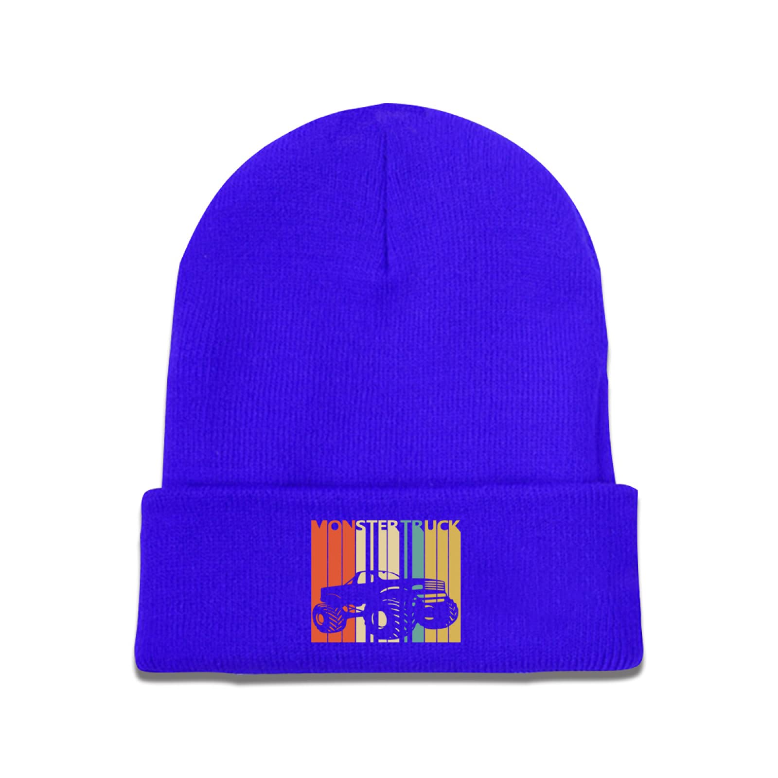 Retro Blue Monster Truck Beanie Hat for Men, Women & Kids - Unisex Cuffed Skull Knit Cap - Perfect for Winter Sports, Outdoor Activities & Casual Wear