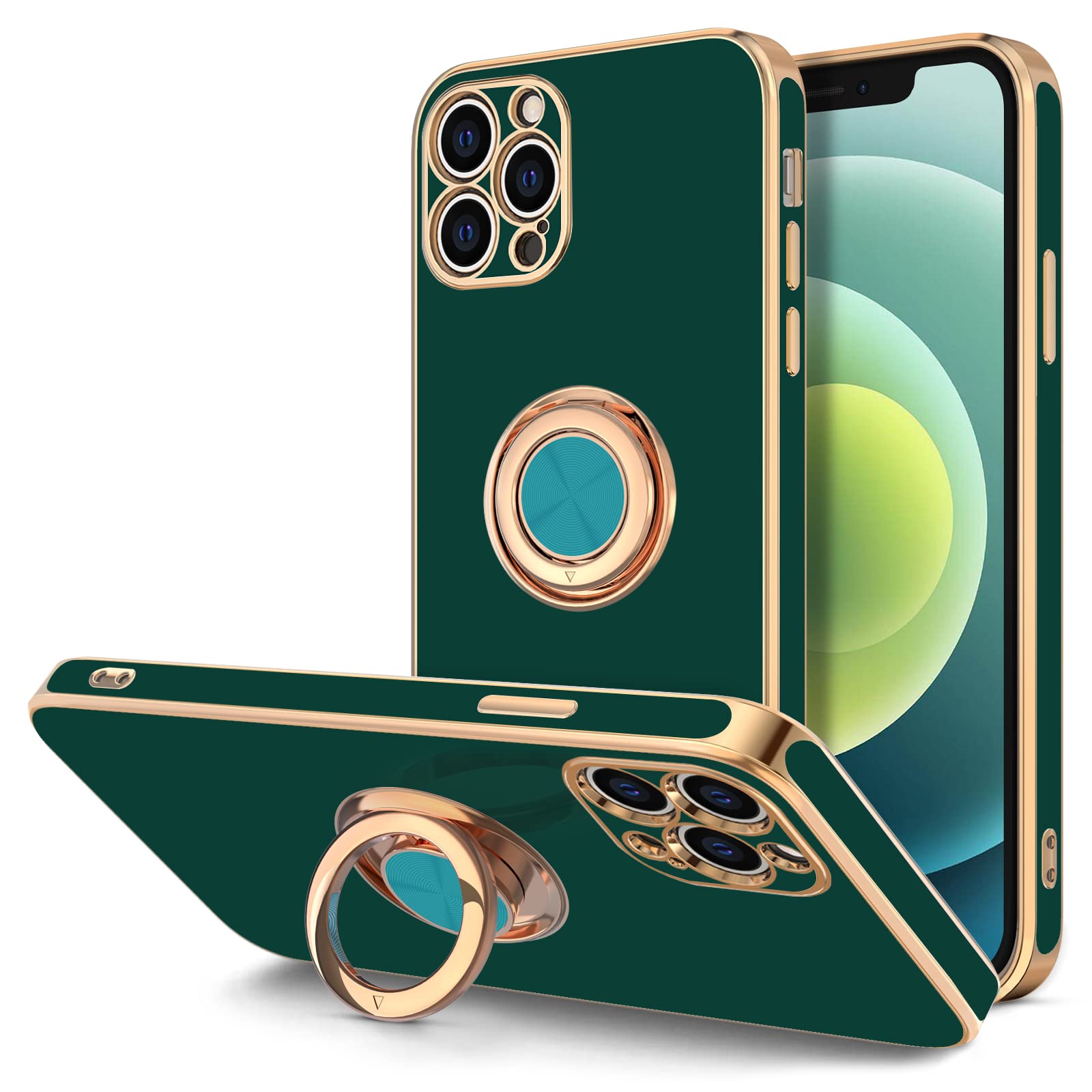 Hython Magnetic Phone Case for iPhone 12 Pro Max - 360° Rotatable Ring Stand with Kickstand, Soft Microfiber Lining & Rose Gold Plated Edge - Protective Cover in Midnight Green | Perfect for Work, Travel and Hands-Free Viewing