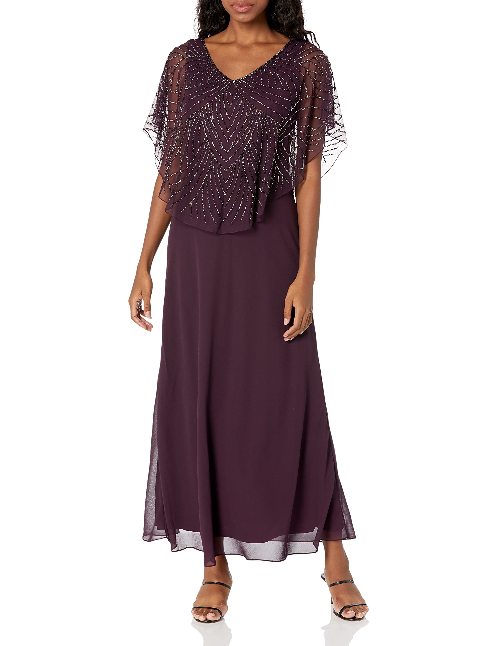 J Kara Women's Petite Pop Over Long Beaded Dress - Elegant Boho Maxi Dress with Floral Embroidery for Wedding Guest & Special Occasions