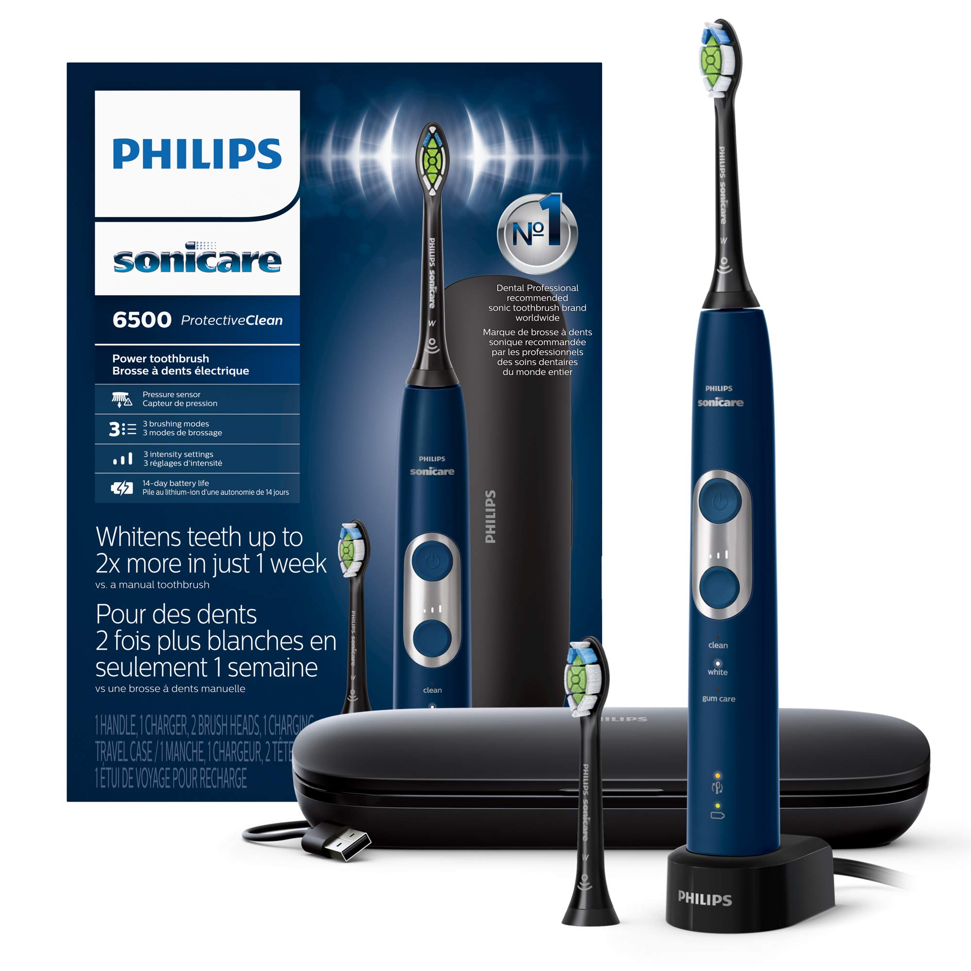 Philips Sonicare ProtectiveClean 6500 Rechargeable Electric Toothbrush with Pressure Sensor - 3 Cleaning Modes, SmartTimer, QuadPacer - 14-Day Battery Life & Travel Case - Navy Blue (HX6462/07) - Perfect for Travel & Daily Oral Care
