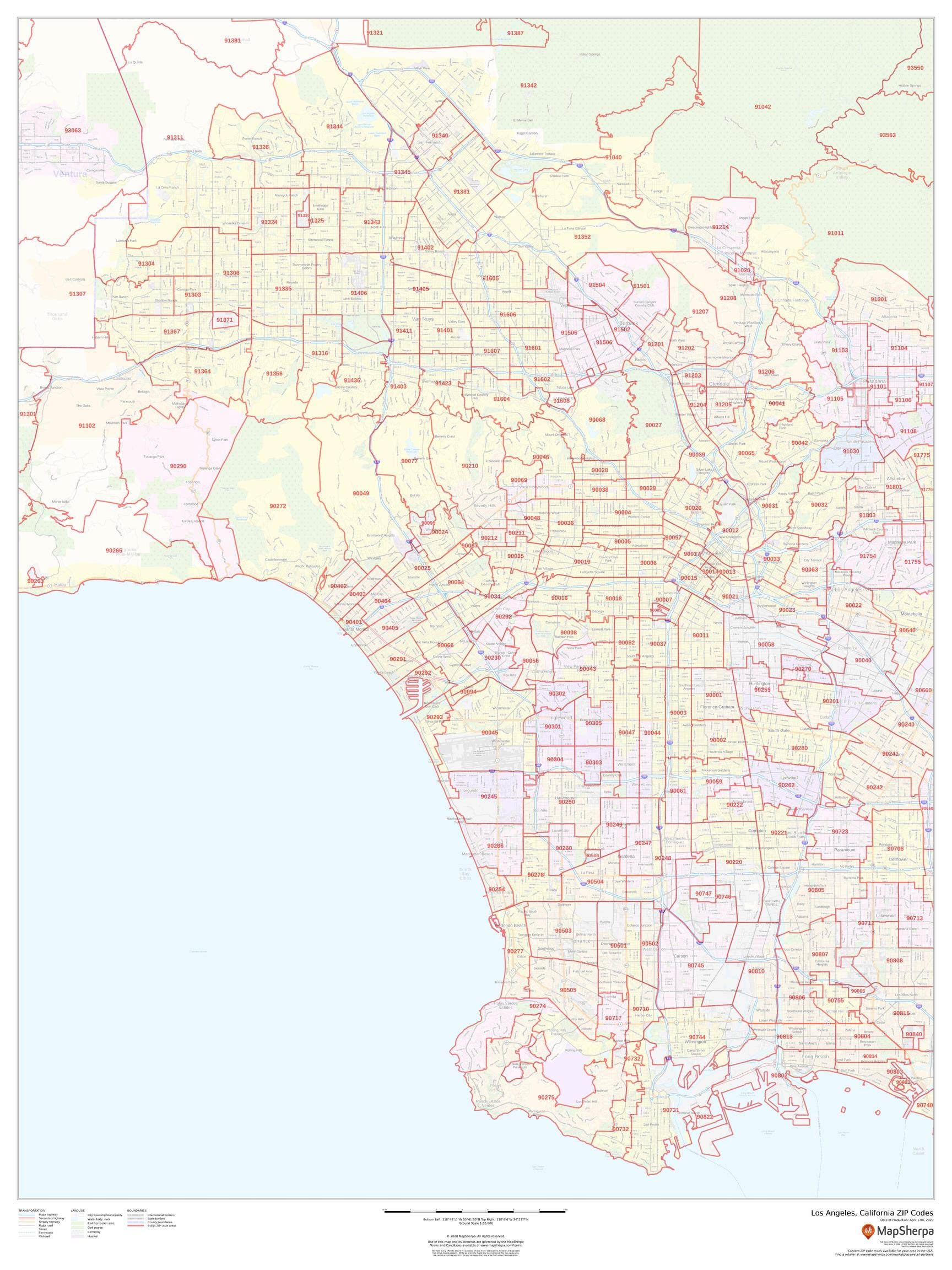 Los Angeles California Zip Code Map - 36