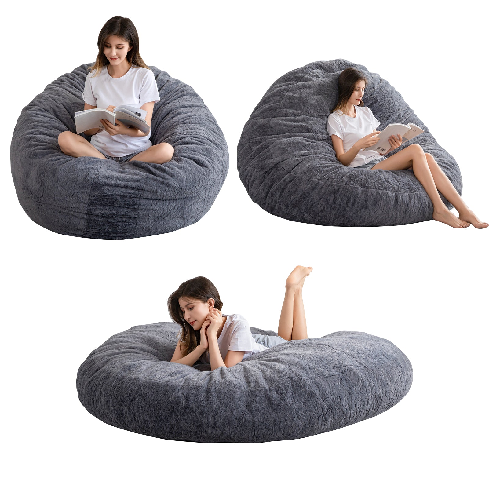 MAXYOYO Giant Fur Bean Bag Chair - Round Fluffy Bean Bag for Adults & Teens, Dark Grey - Perfect for Living Room, Bedroom, Game Room & Dorm Decor