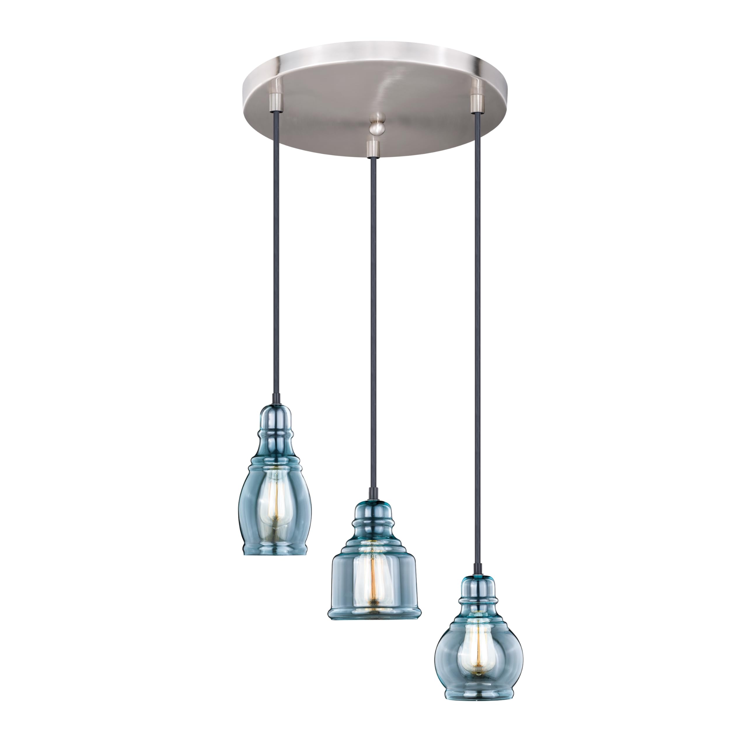 VAXCEL Millie 3L Nickel & Bronze Farmhouse Pendant Light with Blue Glass - Rustic Ceiling Chandelier for Kitchen Island, Dining Room, or Entryway Lighting