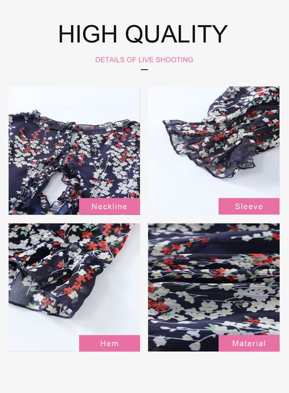 Dokotoo Women's Deep V Neck Long Sleeve Backless Floral Ruffle Mini Dress - Spring Summer 2025 Flowy Party Cocktail Dress for Date Night & Beach Vacation