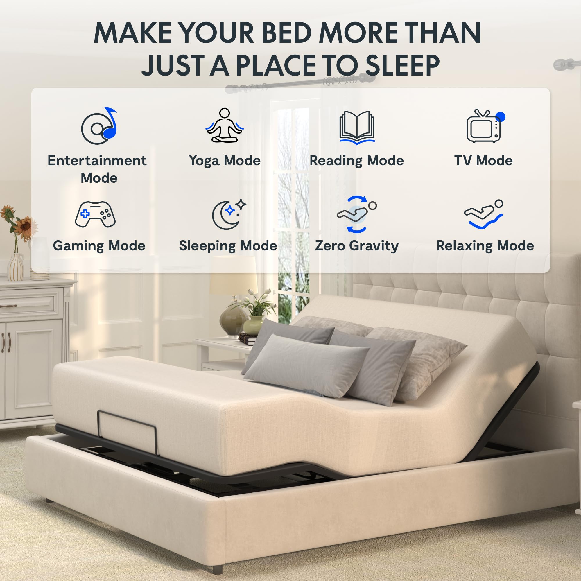 FLEXISPOT S2E Adjustable Bed Frame Base Queen Size - Easy One-Person Transport & Assembly, Height Adjustable Legs, Premium Oxford Fabric Cover, Wired Remote Control, Ultra Quiet Motor, Secure Mattress Holder - Perfect for Home, Office, or Guest Room Comfort
