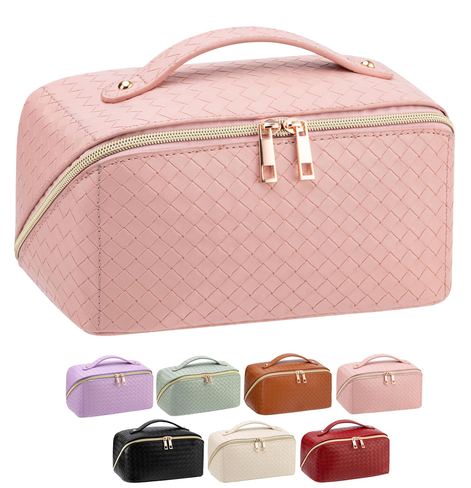 Large Capacity Waterproof Travel Makeup Bag for Women - Foldable Cosmetic Organizer with Multiple Compartments, Flat Lay Design for Easy Access - Perfect for Toiletries, Beauty Essentials & On-the-Go Makeup (Pink) | Ideal for Travel, Gym, Vacation & Daily Use