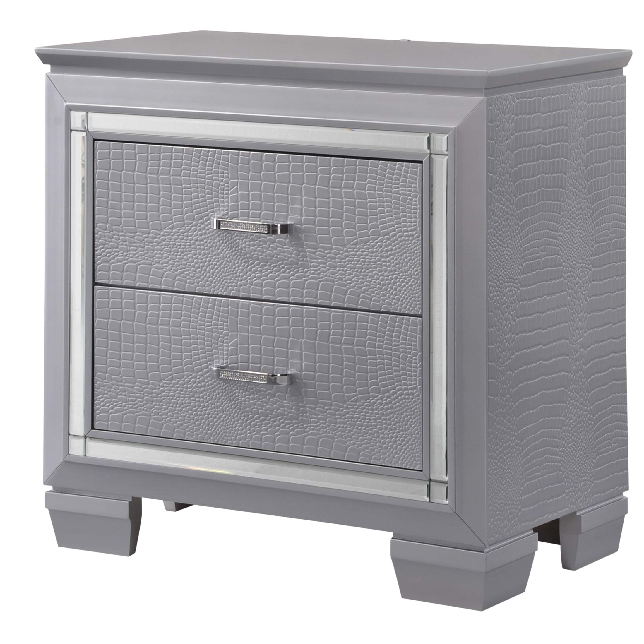 Benjara Gray Wooden Nightstand with 2 Drawers, Textured Details & Mirror Accents - Perfect for Bedroom, Living Room or Guest Room Storage & Decor