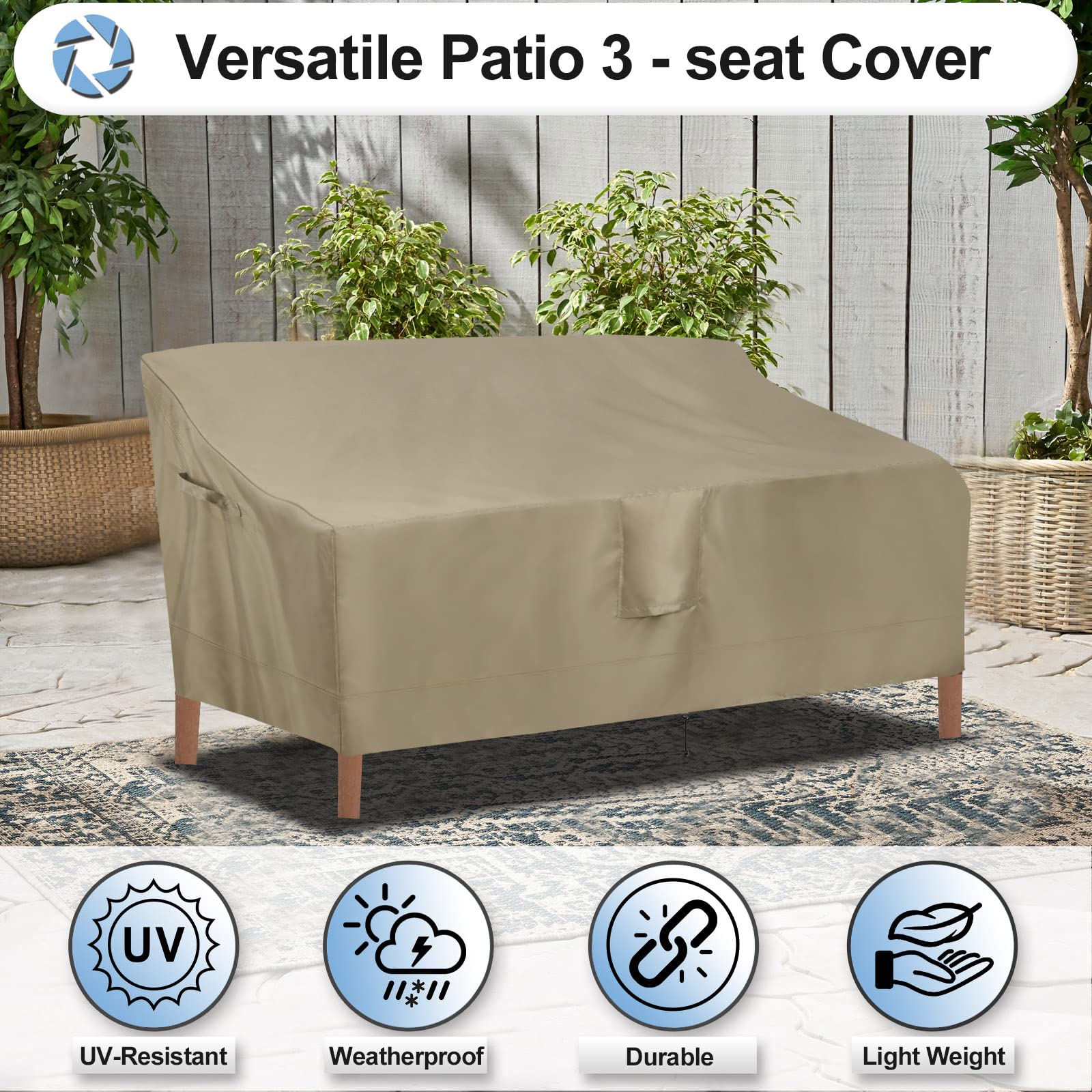Outdoor Waterproof 3-Seater Patio Couch Cover - UV Resistant Heavy Duty Sofa Furniture Protector for Outdoor Use, 88x32.5x33 Inches, Camel - Perfect for Backyard, Deck, Garden & Poolside Furniture Protection