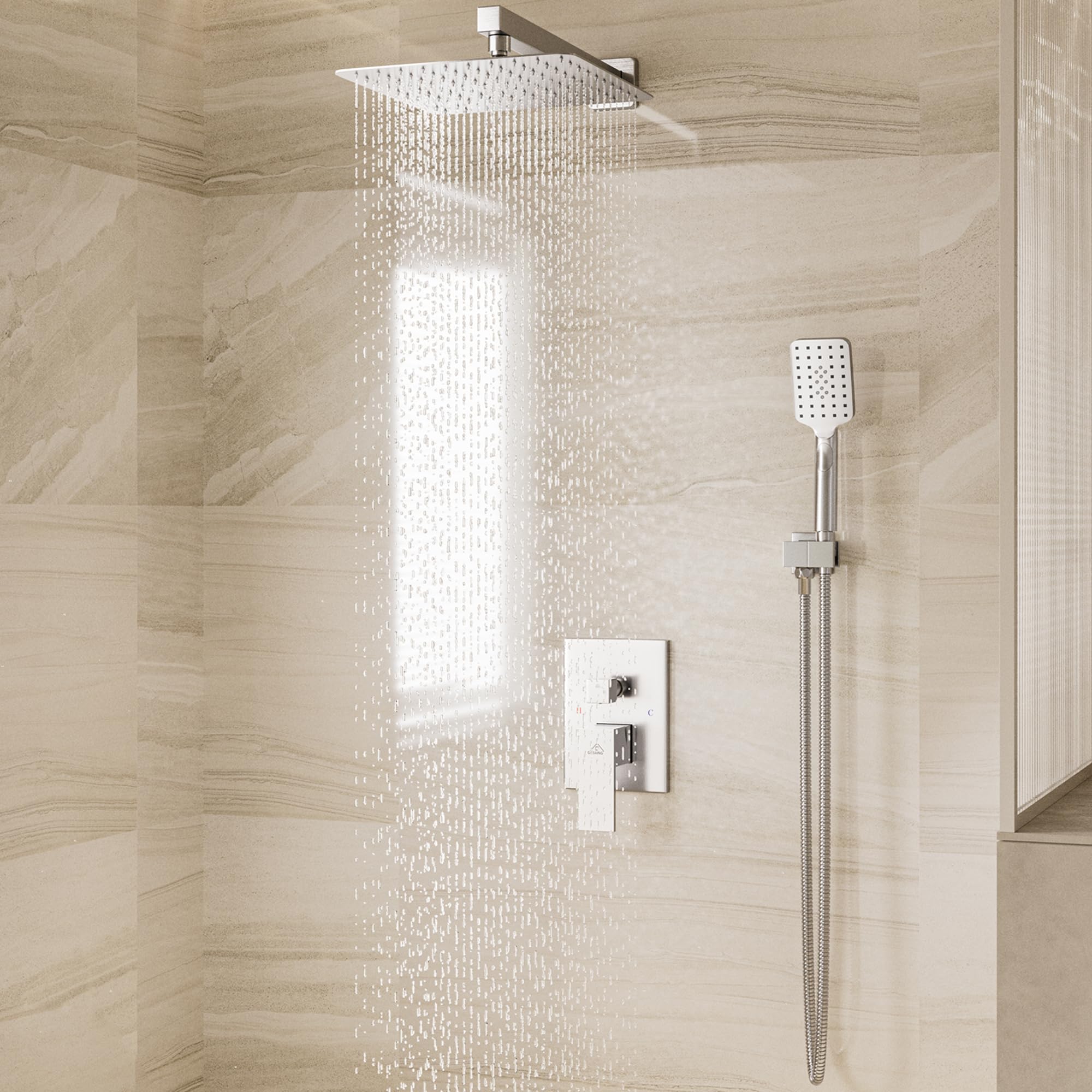 CASAINC 10 Inch High Pressure Brushed Nickel Shower System - Wall Mounted Square Rainfall Shower Head with Handheld Spray & Anti-Scald Valve for Luxurious Bathroom Upgrade | Perfect for Modern Homes, Spa-Like Experience, Water Saving & Easy Installation