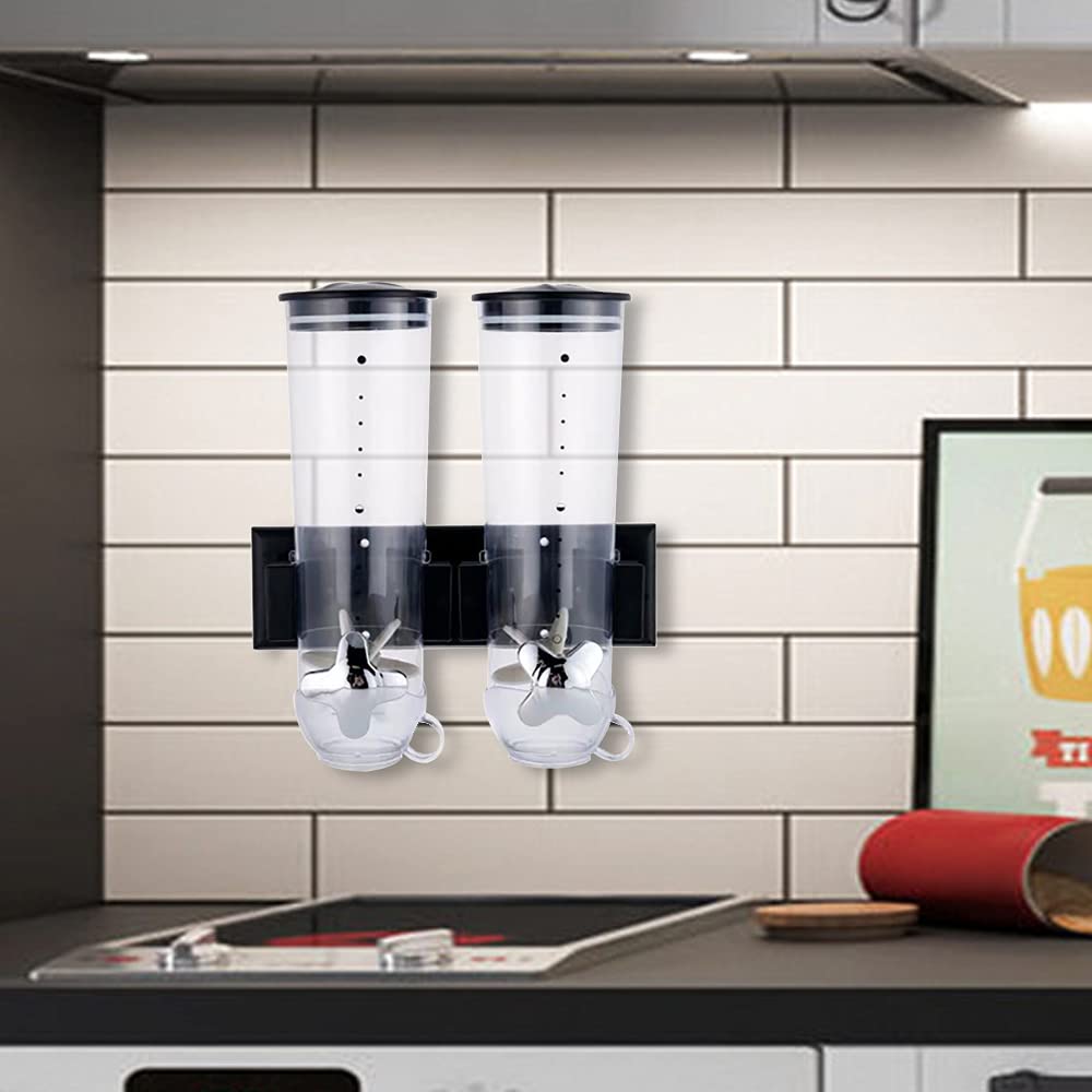 **Wall Mounted Dry Food Dispenser - Dual Control 1.5L Storage Container for Cereal, Nuts, Coffee Beans, Candy, Oatmeal & Rice | Perfect for Kitchen, Pantry, Office & Camping (Black)**