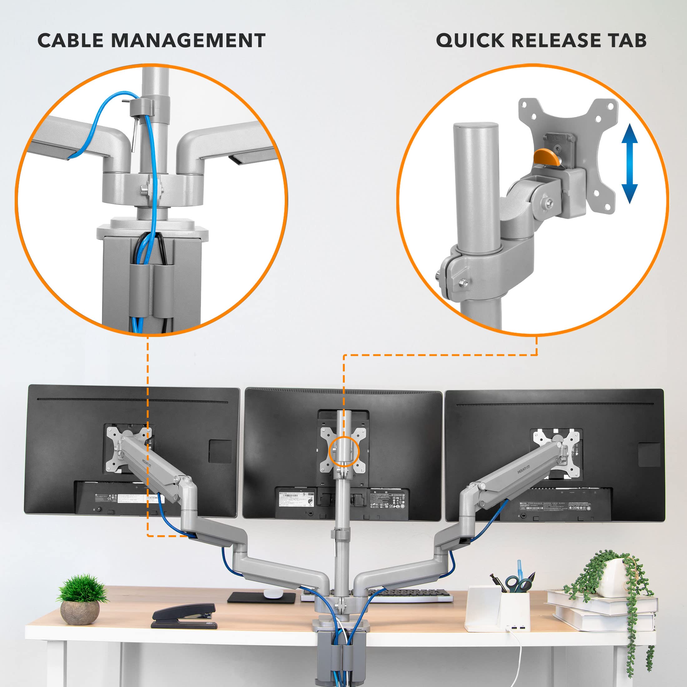 Mount-It! Triple Monitor Stand with USB & Audio Ports - Adjustable 3 Monitor Desk Mount for 24