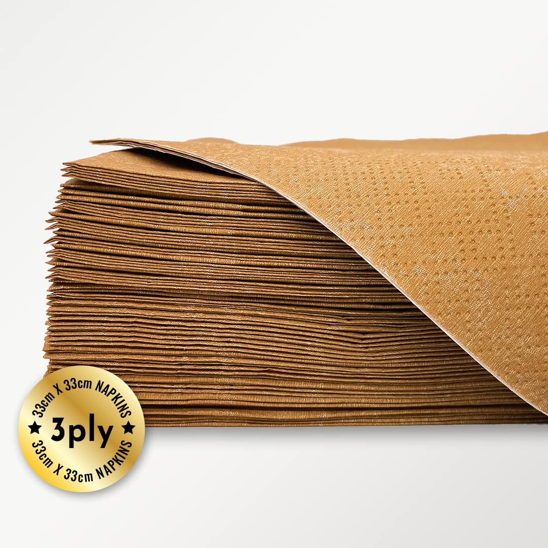 Eco-Friendly Brown Paper Napkins by Kissymix - 50 Pack Triple Layer Compostable Kraft Tissue Serviettes for Birthday, Wedding, Christmas & Dinner Parties | Sustainable Tableware for Home, Restaurant & Catering Events