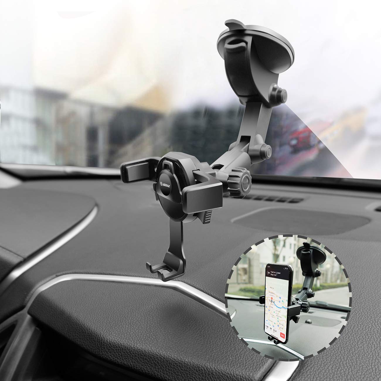 ESOULK Universal Car Phone Mount - Windshield & Dashboard Holder for iPhone, Samsung, Smartphones - Hands-Free Driving, GPS Navigation, Safe & Secure Phone Stand