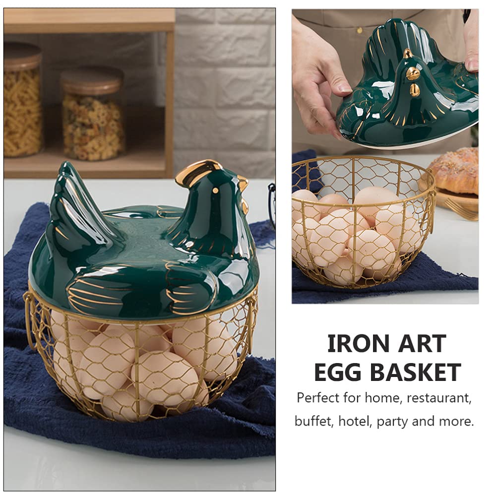 Stainless Steel Wire Egg Basket with Ceramic Chicken Lid - Farmhouse Egg Storage Organizer for Kitchen Counter, Pantry & Countryside Breakfast Display