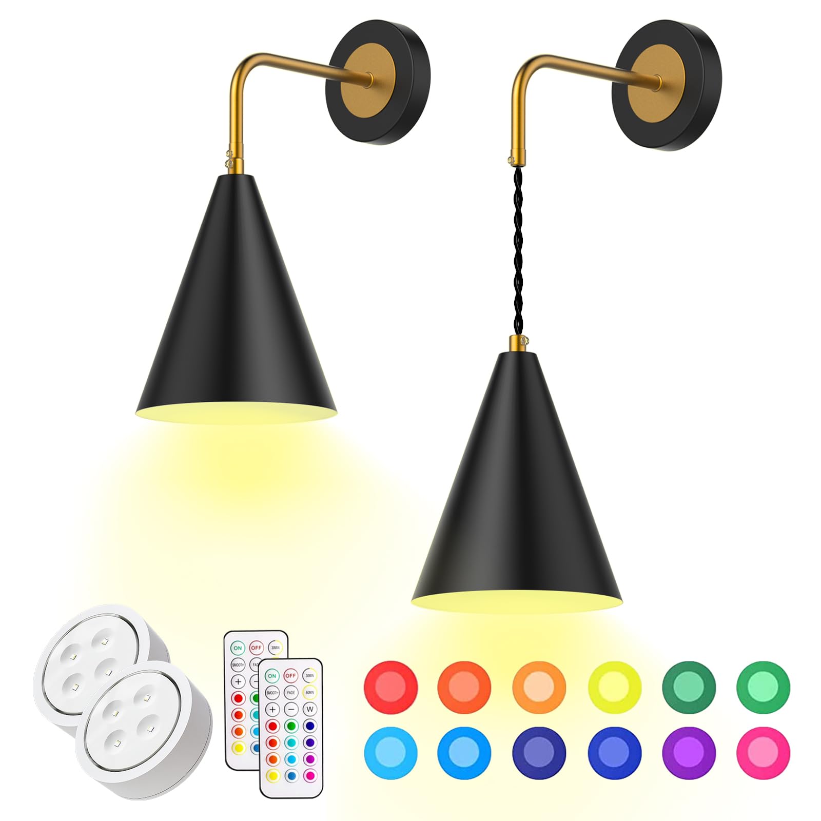 LUMIMAN Black Battery Operated Wall Sconce - Set of 2 Wireless Wall Lights with Memory Function & Timer, 13 RGB Dimmable Battery Powered Wall Lamp for Bedroom, Living Room, Hallway - Perfect for Ambient Lighting, Home Decor, and Nighttime Safety