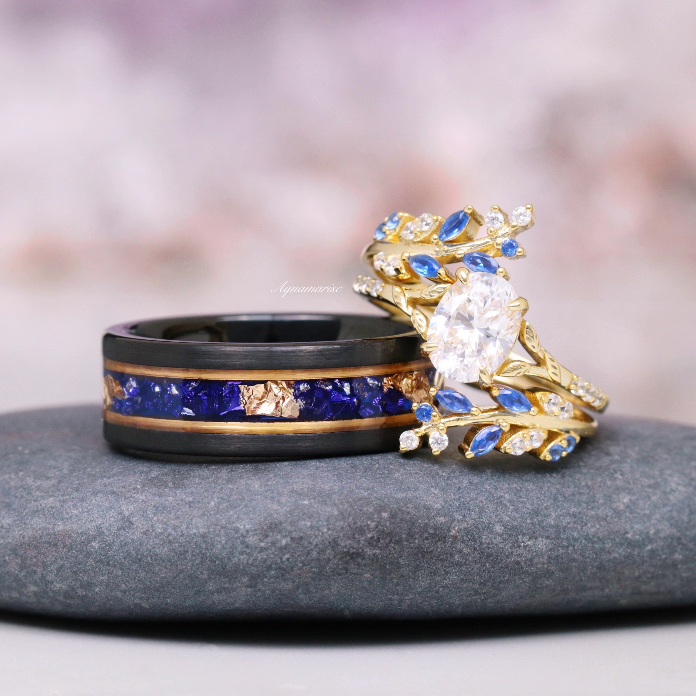 Blue Sapphire & Gold Leaf Wedding Band - 8mm Black Tungsten Ring for Men - Elegant & Durable Wedding Jewelry for Grooms, Anniversaries & Special Occasions