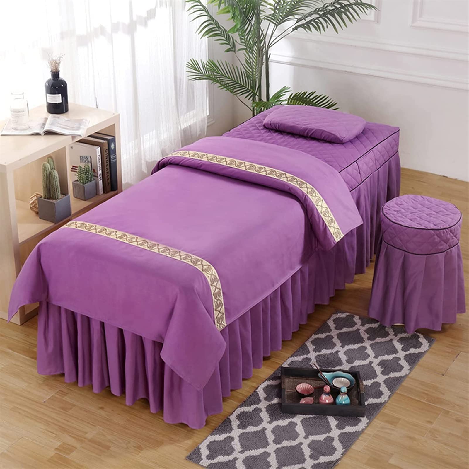 4-Piece European Style Beauty Salon Massage Table Sheet Set - Waterproof Spa Bed Cover with Face Hole, Purple, 190x80cm Square Head | Perfect for Salon, Spa, Massage & Facial Treatments