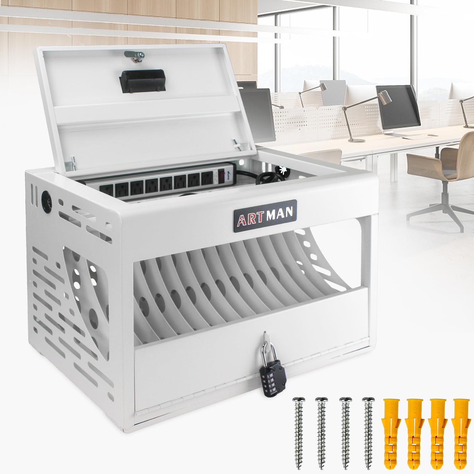 16-Slot Locking Charging Station for Laptops & Tablets - Secure Storage Cabinet with Cable Management - Fits Chromebooks, iPads & More - Ideal for Schools & Offices (White) - Perfect for Classroom Tech Storage & Office Device Organization