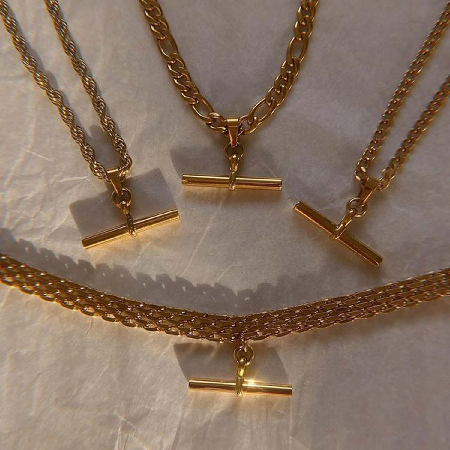 18K Gold Plated Figaro & Rope Chain T Bar Pendant Necklace for Women - Elegant Layering Jewelry Gift for Birthday, Anniversary & Valentine's Day | JDN735