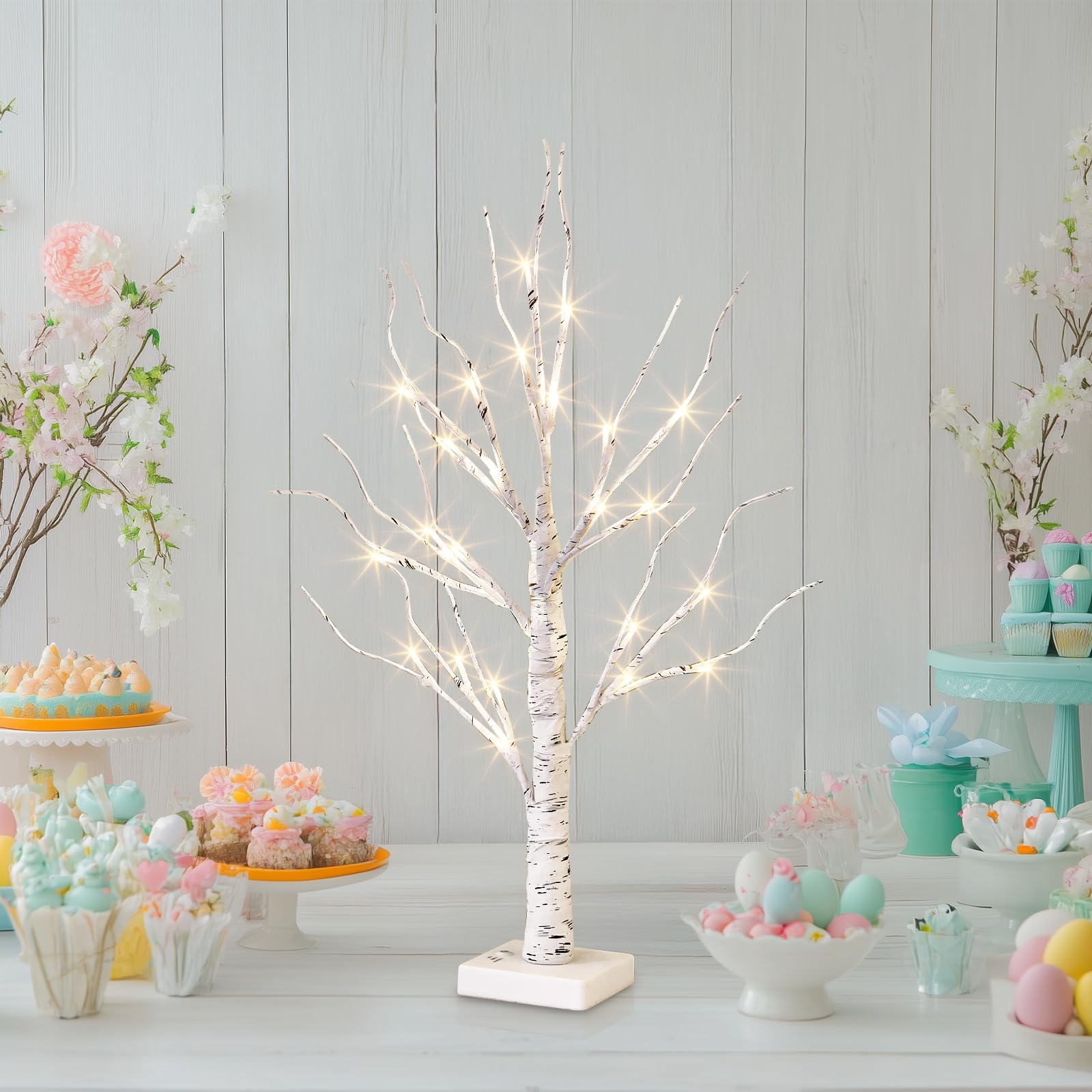 PEIDUO 2FT LED Birch Tree Lamp - Battery Powered Artificial Tree with Warm White Fairy Lights for Easter, Christmas, Home & Tabletop Decor - Indoor Centerpiece with Timer (Perfect for Holiday Parties, Wedding Decor & Cozy Night Ambiance)