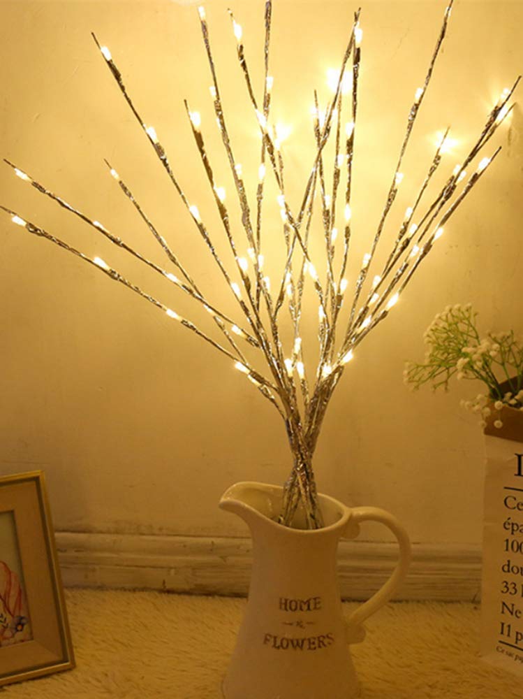 2 Pack LED Lighted Silver Twig Branches - 20 Warm White Battery Powered Decorative Lights for Christmas, Home, Garden, Party & Wedding Decor | Indoor & Outdoor Holiday Decorations