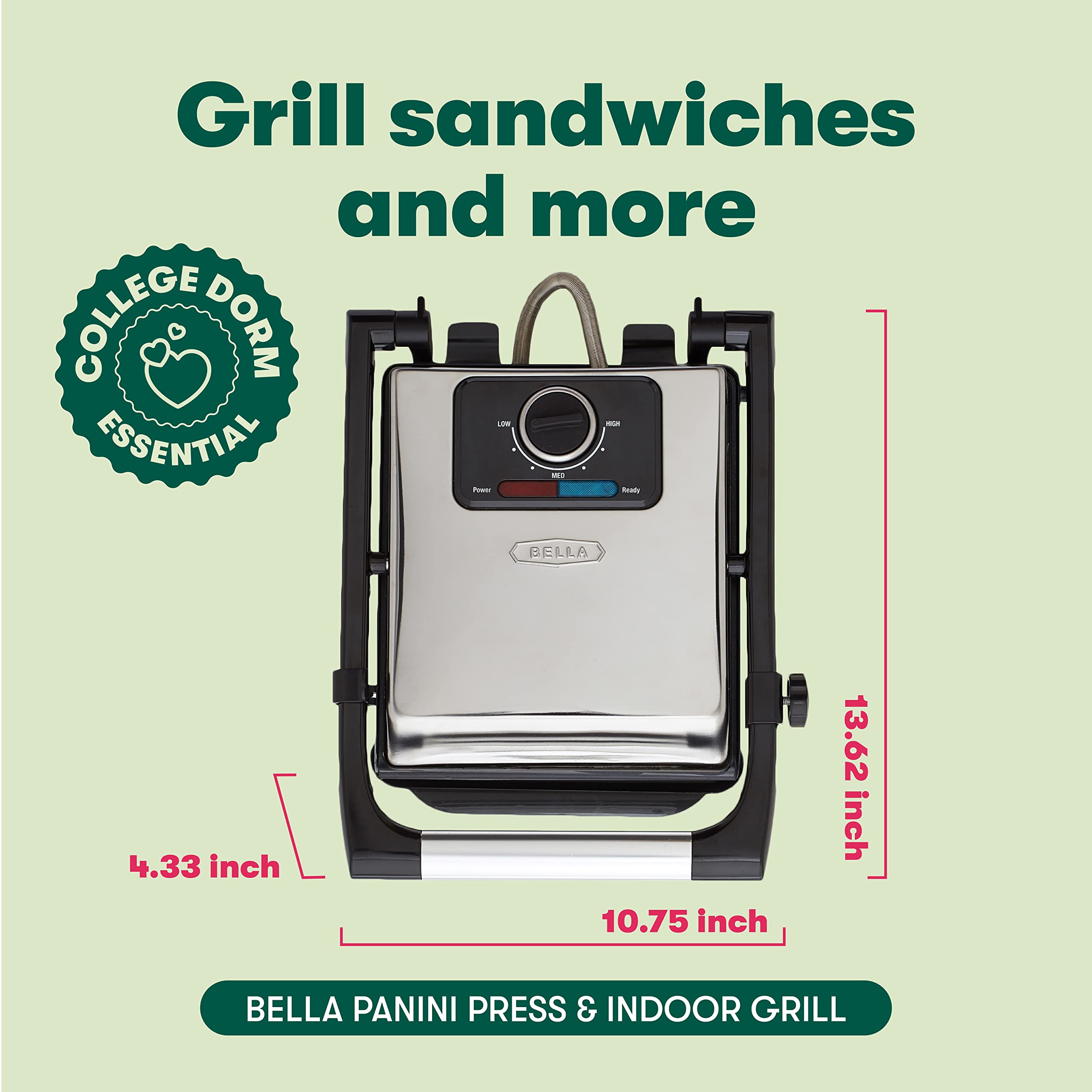 BELLA Panini Press & Sandwich Maker - Electric Indoor Grill with Nonstick Plates, Adjustable Lid & Removable Drip Tray - Perfect for Paninis, Grilled Cheese & Quick Meals - Stainless Steel Design for Home & Office Use