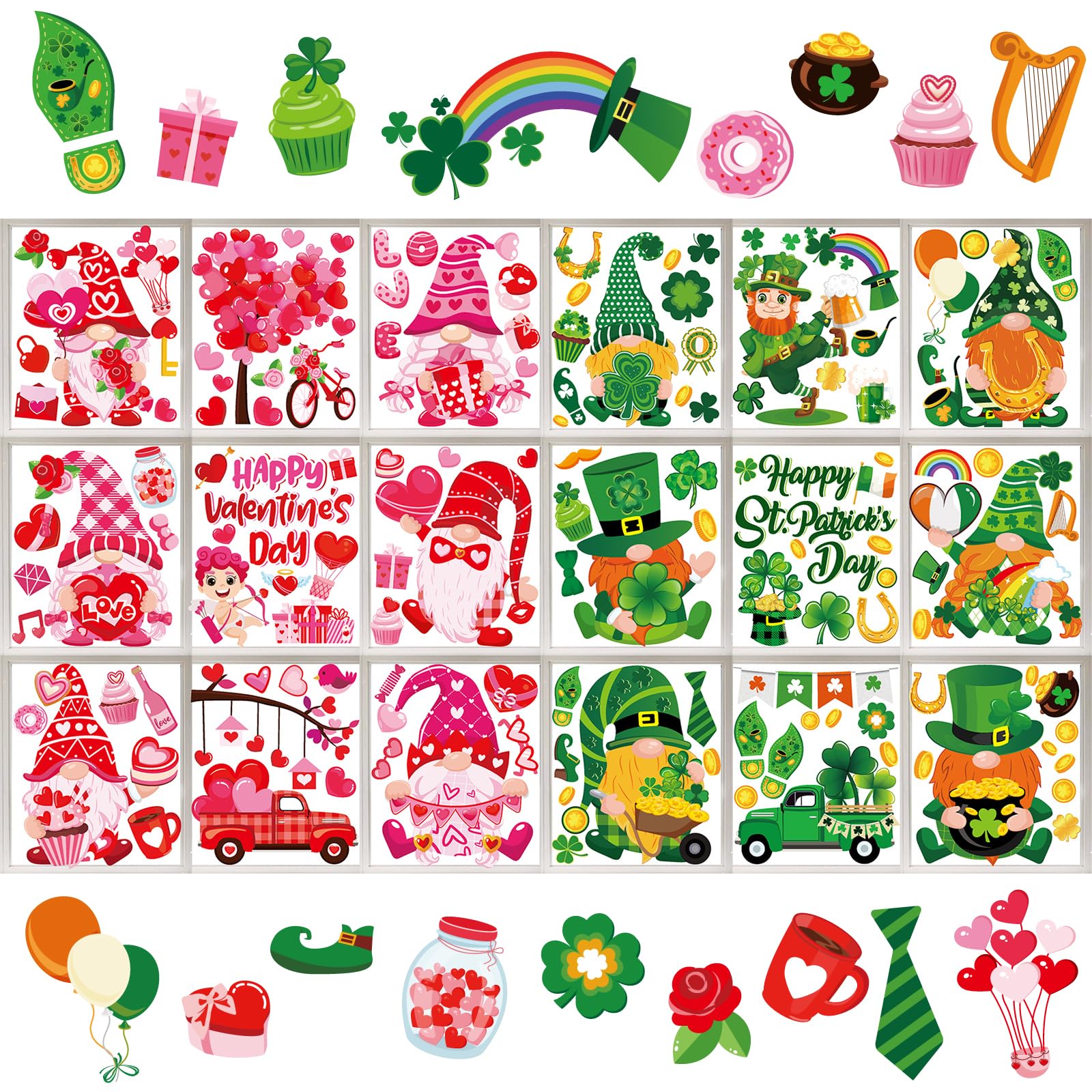 Whaline 18 Sheets St. Patrick's Day Window Clings - Valentine's Day Heart Tree & Cute Gnome Shamrock Decals - Green & Pink Window Decor for Home, School, Office - Party Supplies & Holiday Decorations (Perfect for St. Patrick's Parties, Classroom Activities & Festive Home Decor)