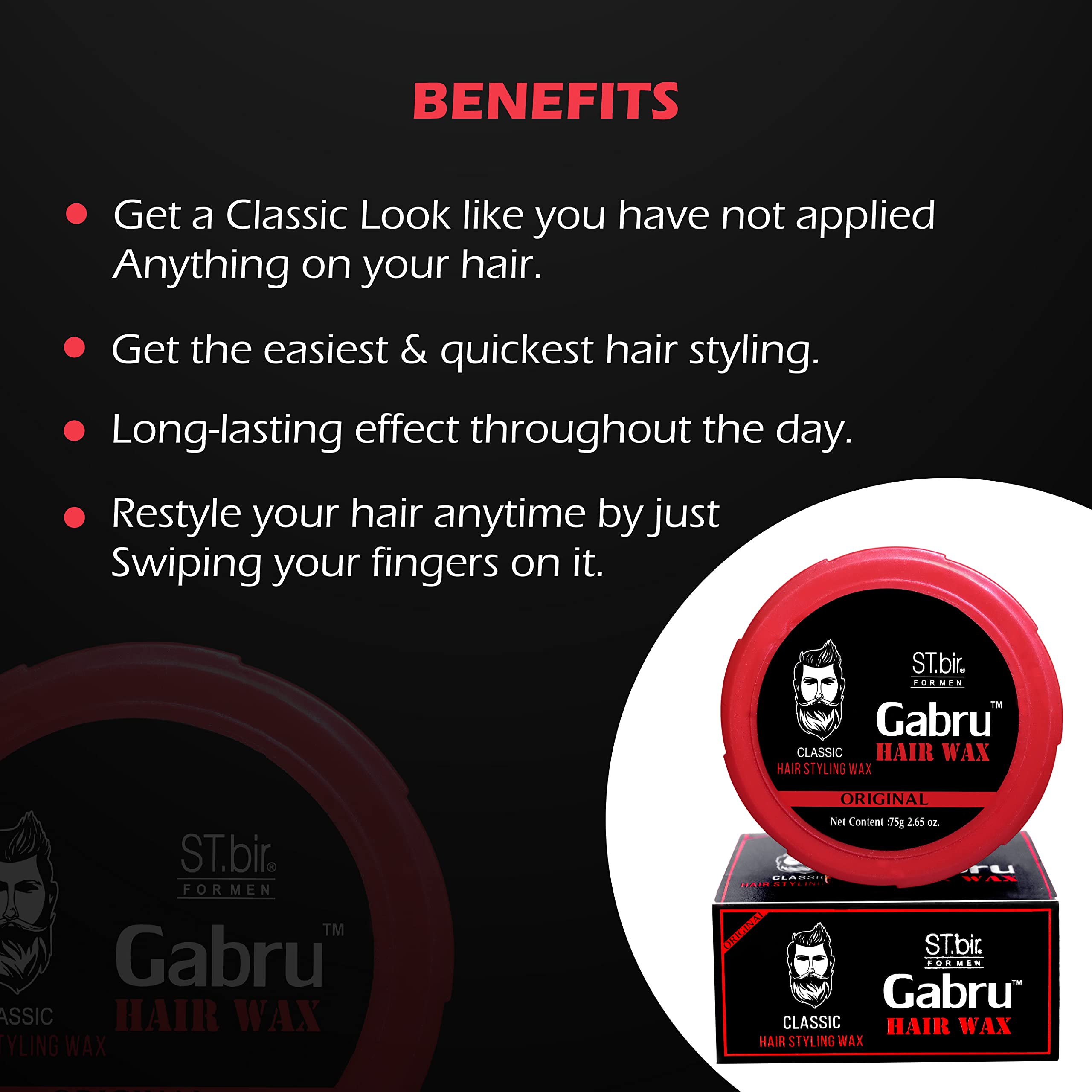 Gabru Hair Wax Classic 75G - Strong Hold Styling Wax for Men - Perfect for Pompadour, Quiff & Spiky Hairstyles - Salon Quality Hair Styling Product