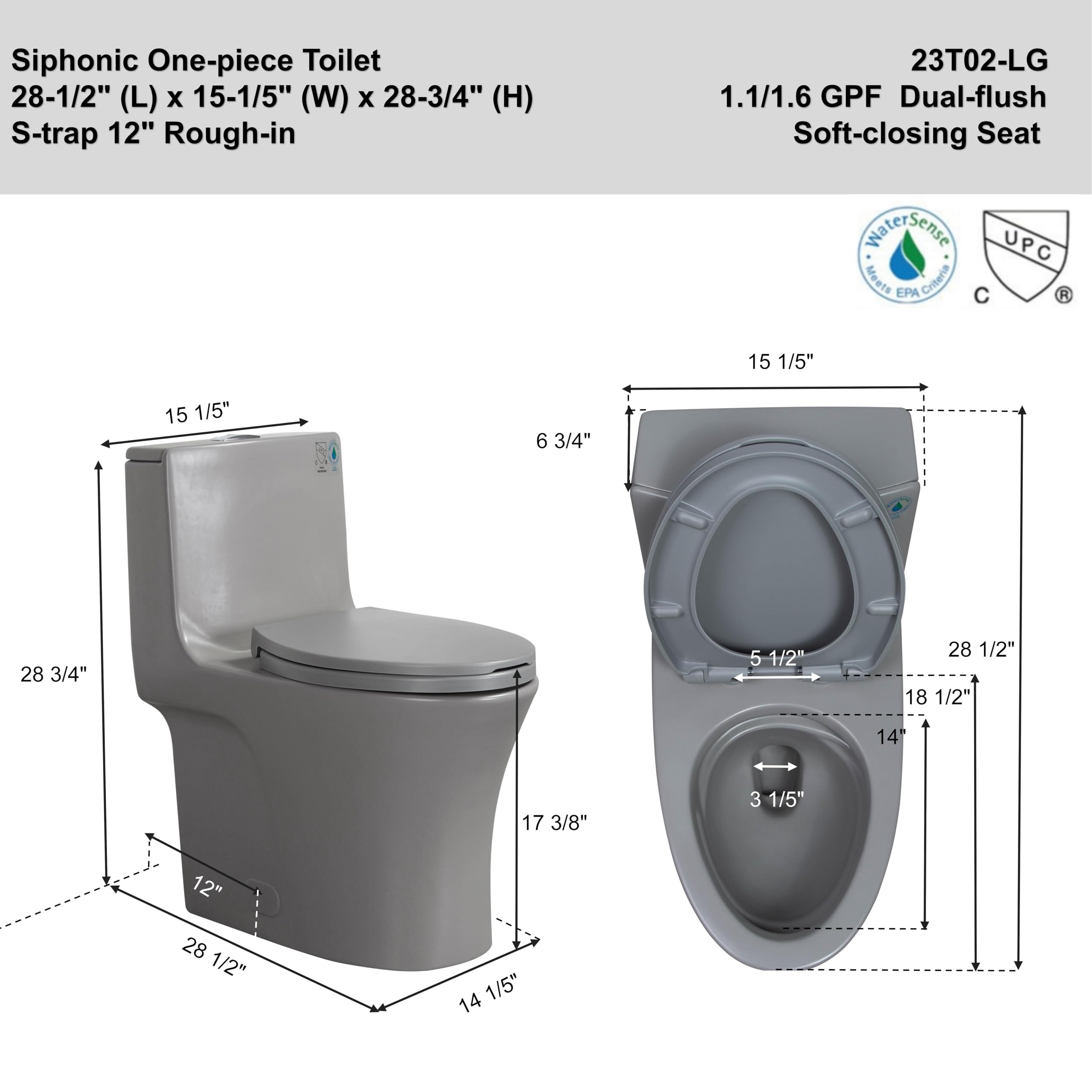 1.1/1.6 GPF Dual Flush One Piece Elongated Toilet with Soft Close Seat - Water Saving 1000g MAP Flushing Standard - Modern Grey Bathroom Toilet for Home & Commercial Use