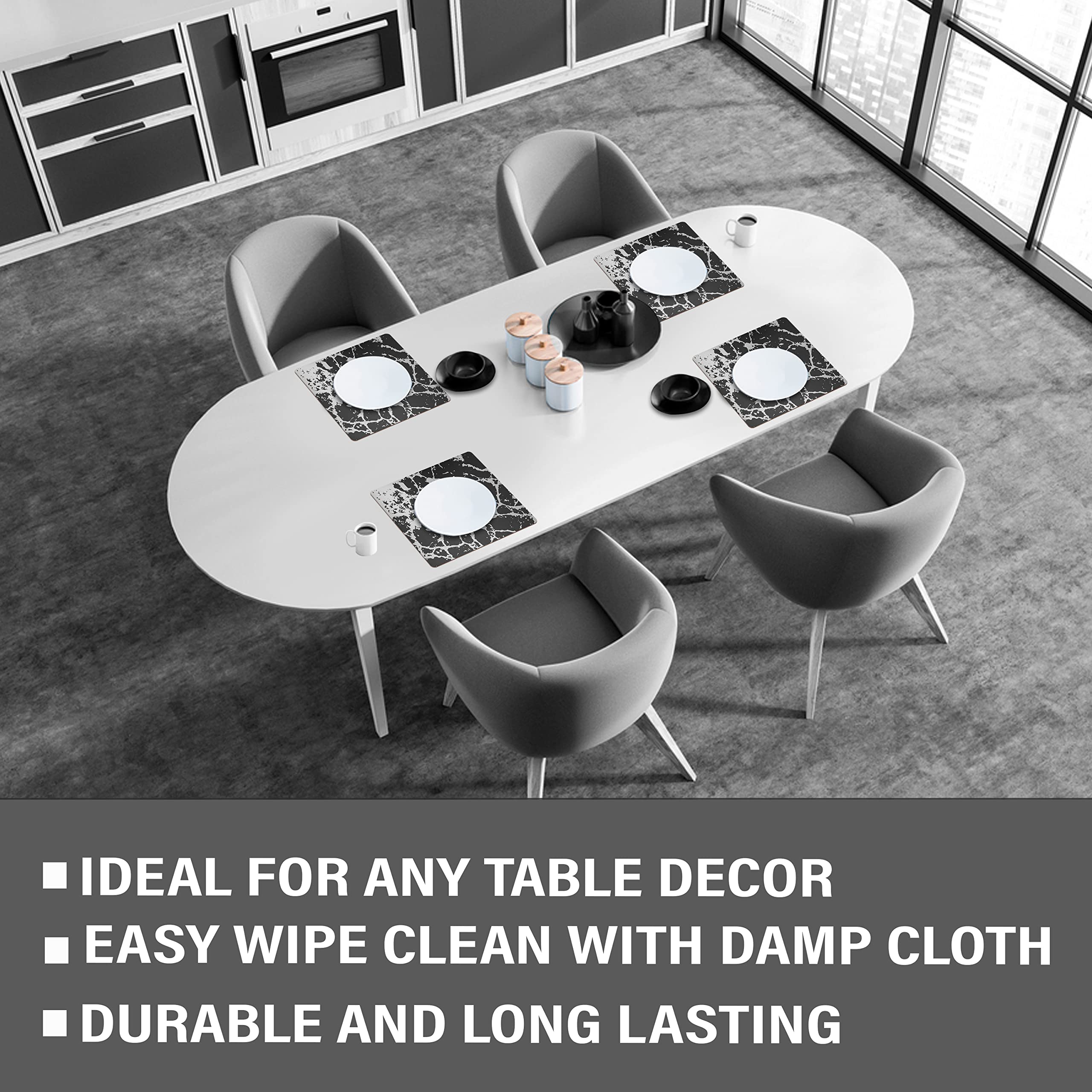 Elegant Black Silver Marble Square Cork Placemats Set of 2 - 15x15 Inch Heat Resistant, Non-Slip & Easy Clean Dining Table Mats - Perfect for Modern Home Decor, Dinner Parties & Stylish Kitchen Protection