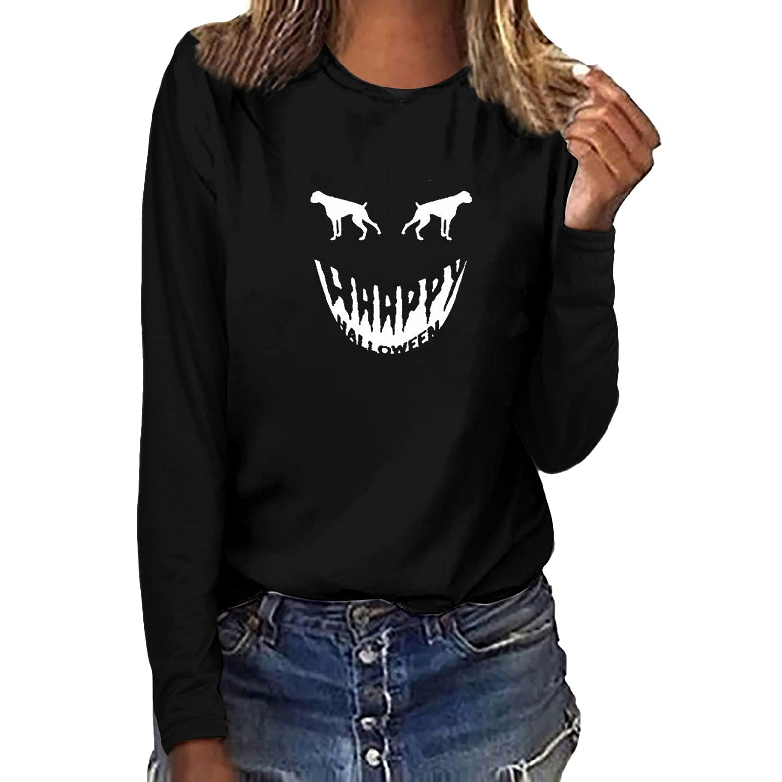 Halloween Long Sleeve Graphic Tee for Women - Glow in The Dark Skull Print Funny Novelty Blouse | Party Costume, Cosplay & Spooky Outfit