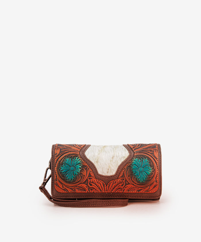Trinity Ranch Floral Tooled Hair-On Cowhide Leather Wallet for Men & Women - Stylish Western Bifold Wallet for Everyday Use, Travel & Gifts