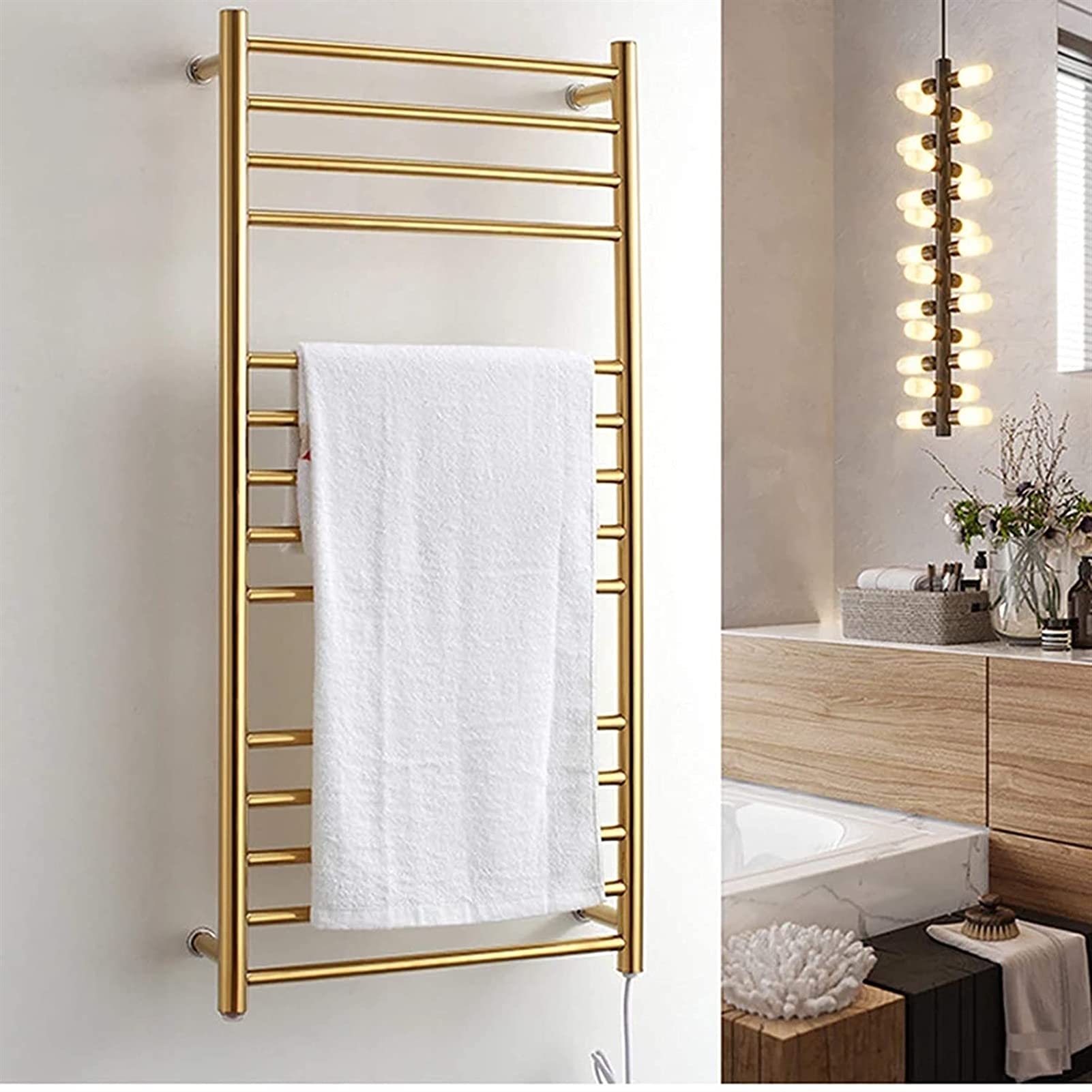 Stainless Steel Heated Towel Rack - 14 Bar Gold Electric Towel Warmer for Bathroom, Wall Mounted with Hardwired & Plug-in Options - Perfect for Spa, Luxury Hotels & Cozy Home Bathrooms