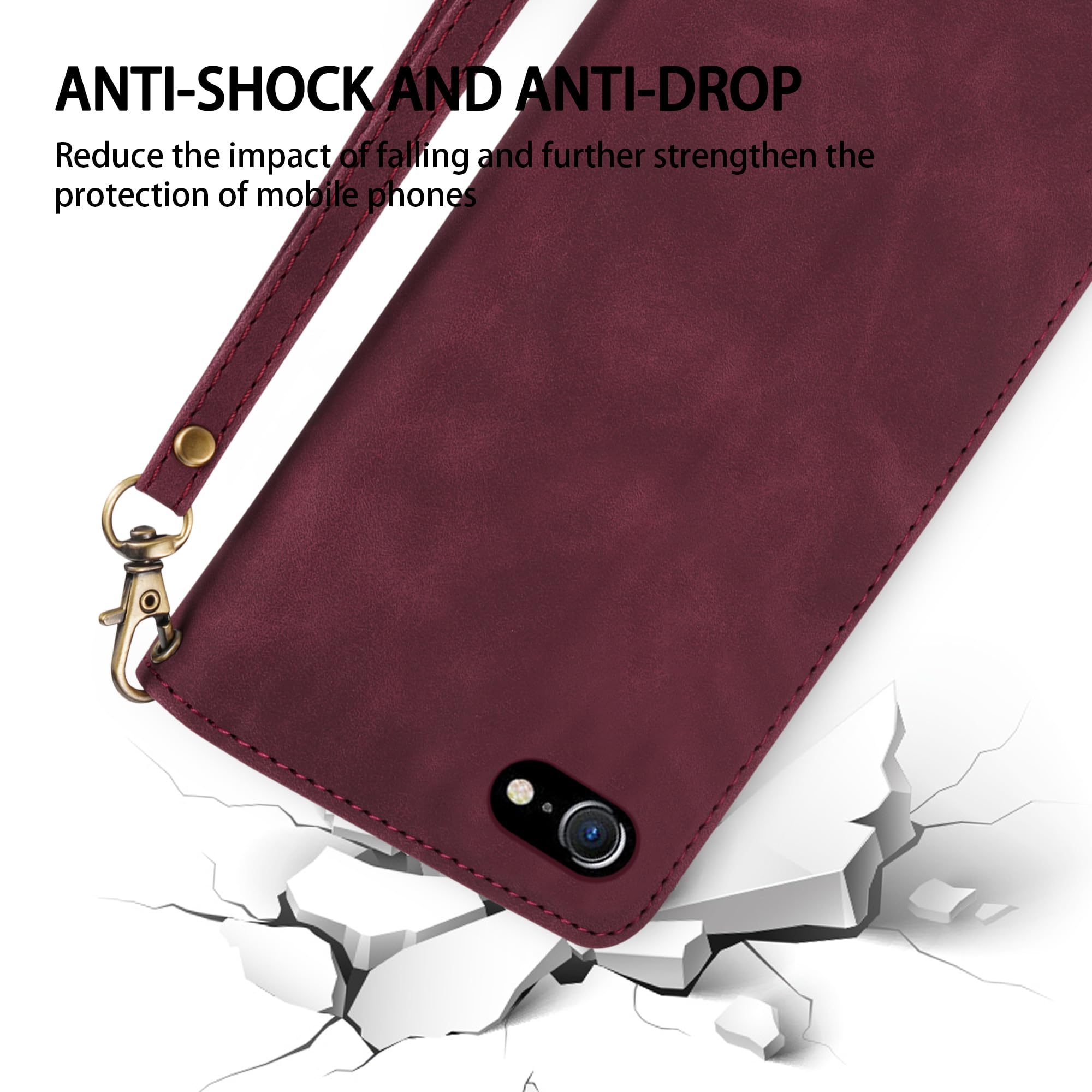 iPhone SE 2022/2020, iPhone 7 & iPhone 8 Wallet Case with RFID Blocking - PU Leather Zipper Flip Folio Cover with Wrist Strap & Kickstand (Wine Red, 4.7 inch) | Perfect for Travel, Commuting & Daily Protection