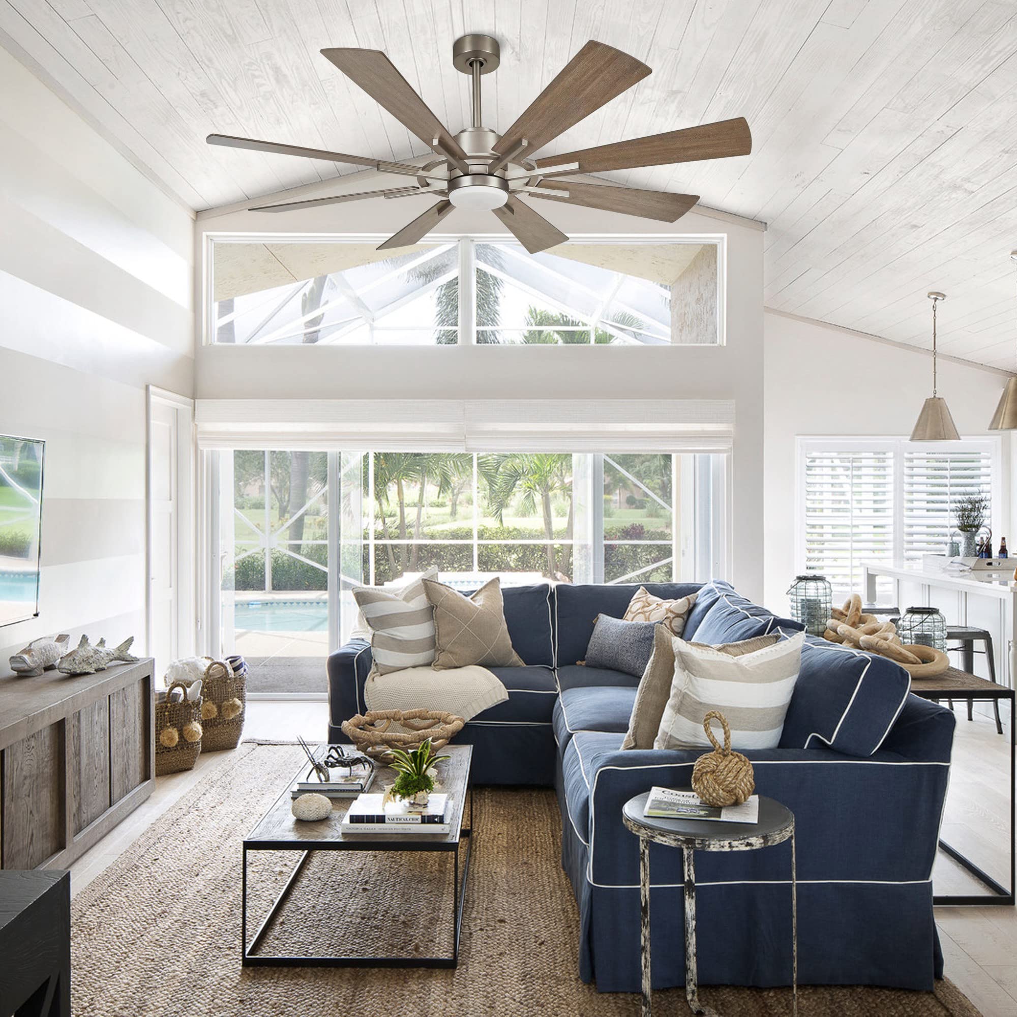 60 Inch Outdoor Ceiling Fan with Lights & Remote - Large Patio Ceiling Fan in Satin Nickel by Parrot Uncle | Perfect for Covered Porches, Decks & Backyards