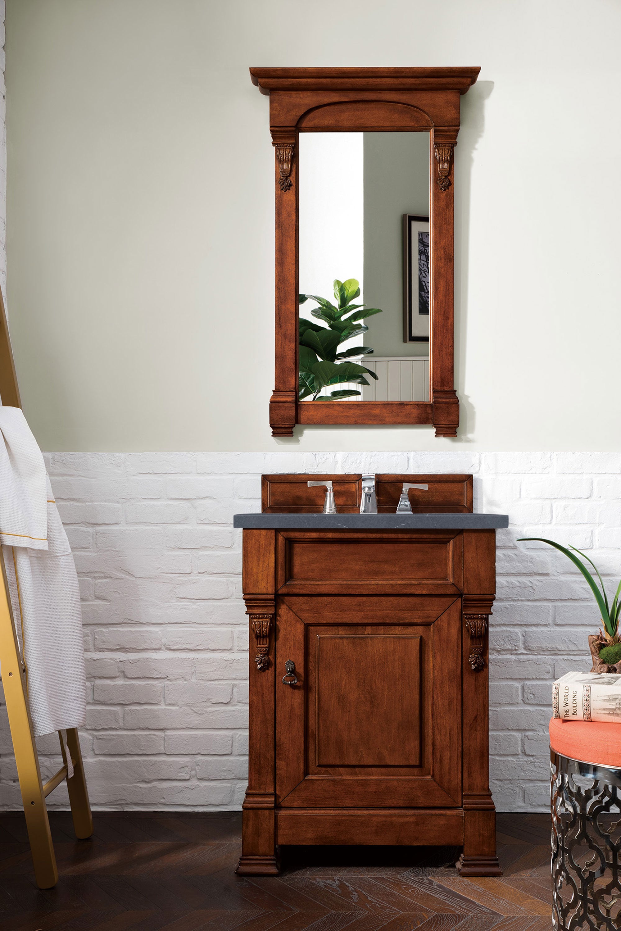 Brookfield 26 Inch Single Bathroom Vanity with Warm Cherry Finish & 3CM Charcoal Soapstone Quartz Top - Perfect for Modern Home Bathroom Renovation and Space-Saving Design