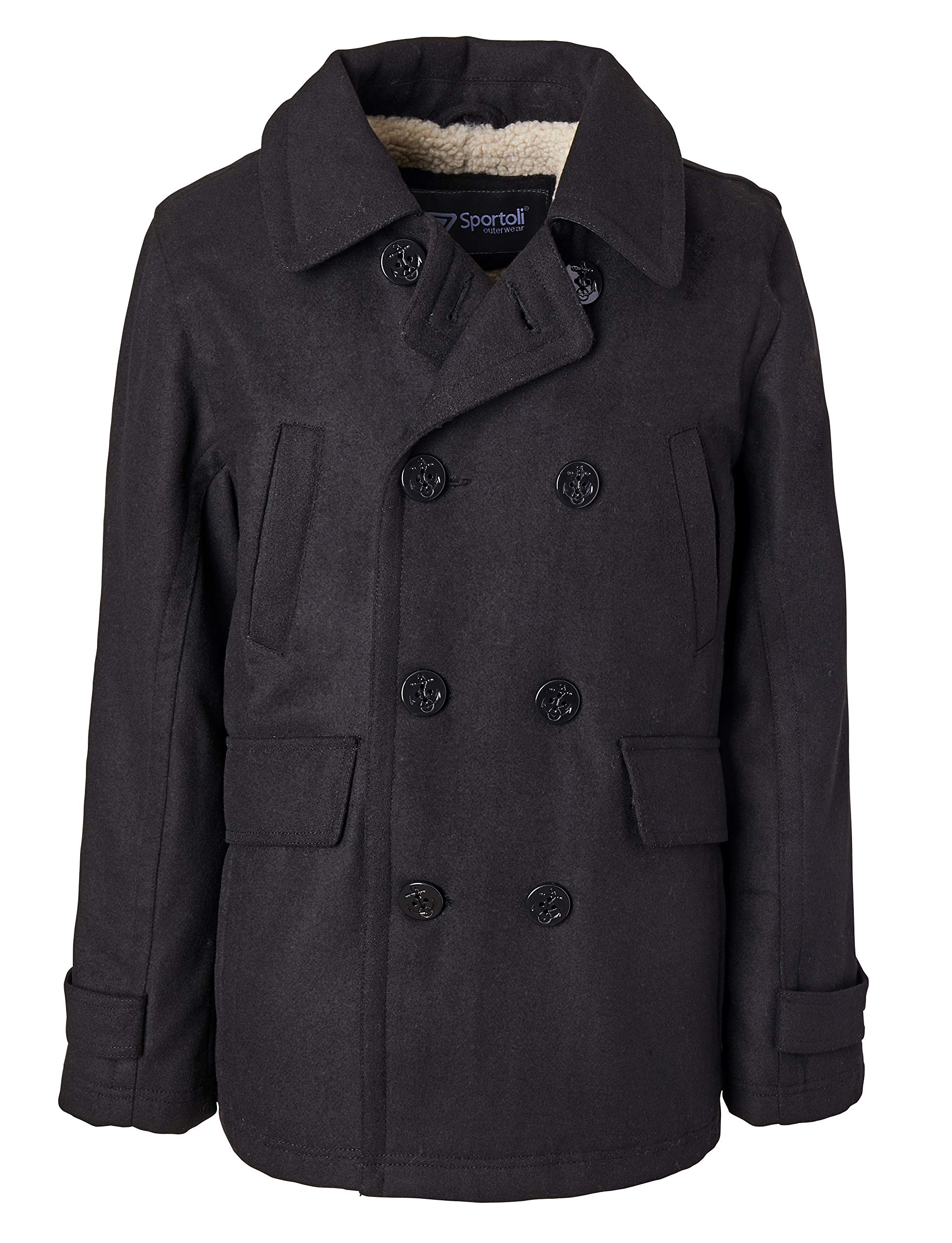 Sportoli Boys Classic Wool Blend Sherpa Winter Pea Coat Jacket - Warm & Stylish Outerwear for School, Holidays and Outdoor Adventures