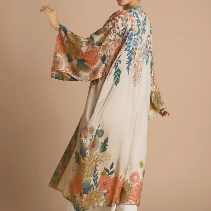 Elegant Coconut Trailing Wisteria Kimono Gown - Floral Print Boho Beach Cover Up, Loungewear & Summer Dress for Women | Perfect for Beach Vacations, Pool Parties & Boho Chic Outfits