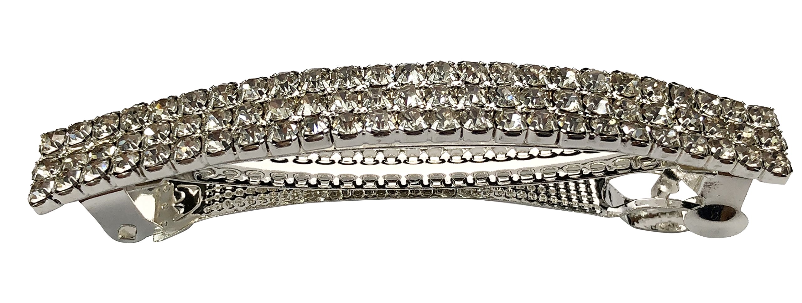 Mandi Home Gold & Silver Tone French Barrette Hair Clips - 2.76 Inch Rhinestone Crystal Hair Pins with Bow Prong - 2 Pack (Silver) | Elegant Hair Accessories for Women & Girls, Perfect for Weddings, Parties & Everyday Wear