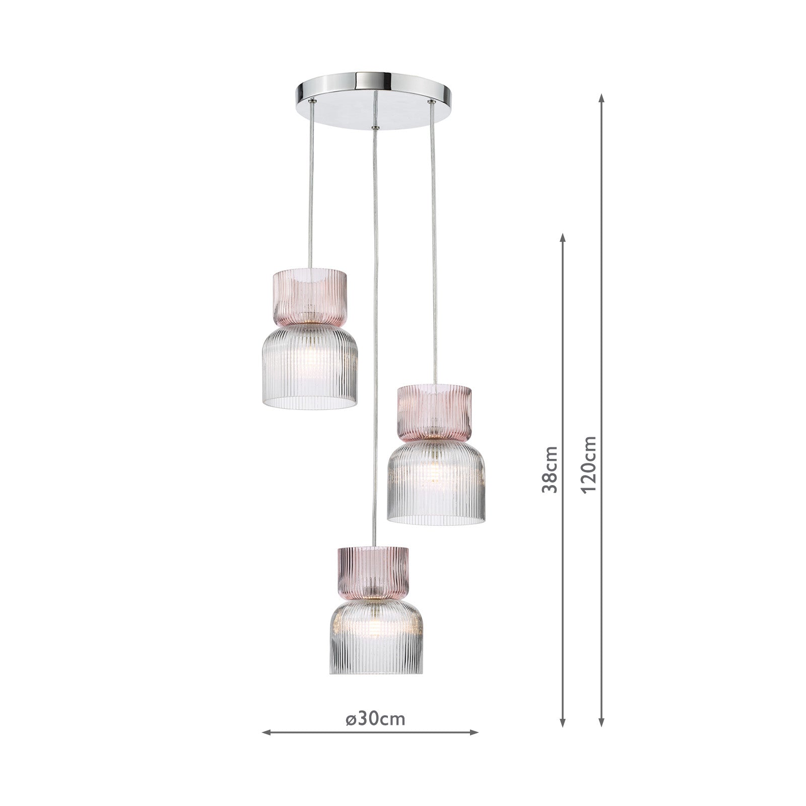 Auberta 3-Light Cluster Pendant Light Fixture - Polished Chrome with Pink Ribbed Glass Shades - G9 Base - Perfect for Dining Room, Kitchen Island or Bedroom Lighting