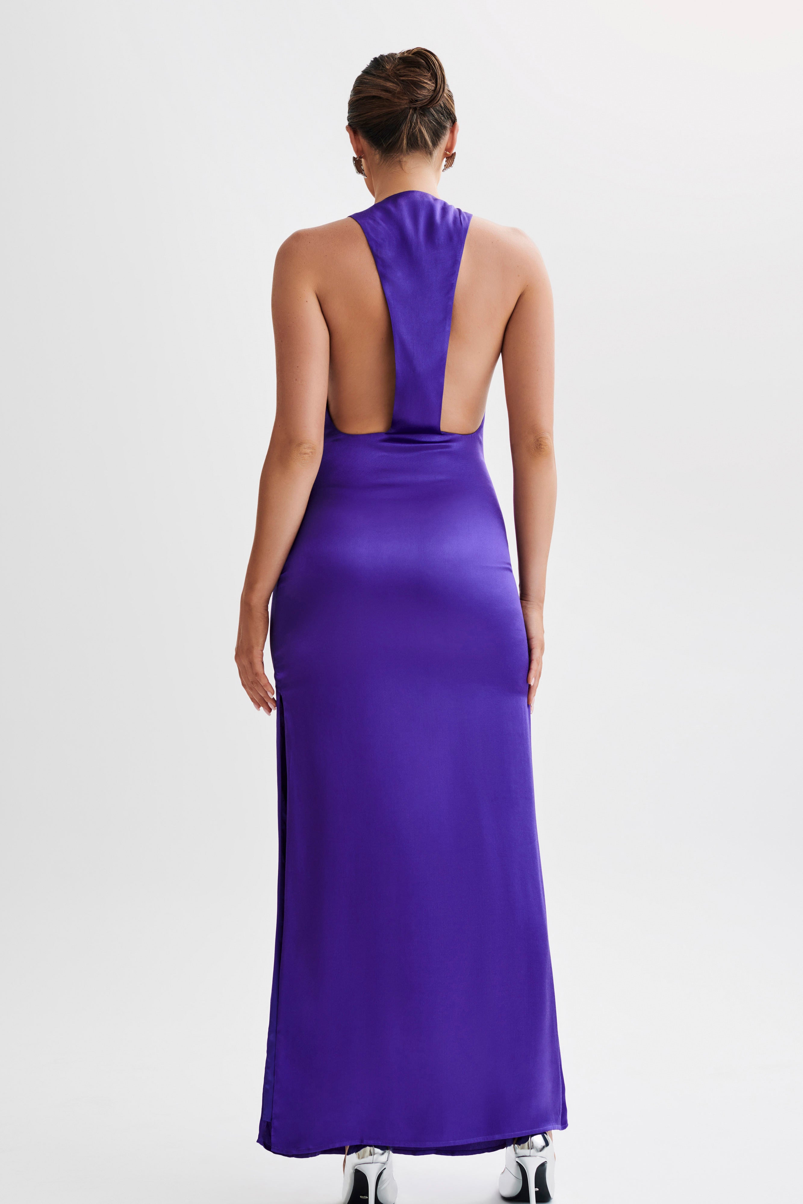 Jacquelyn Racerback Maxi Dress in Deep Purple - Elegant Long Sleeve Flowy Summer Evening Gown for Women, Perfect for Weddings, Parties & Beach Vacations