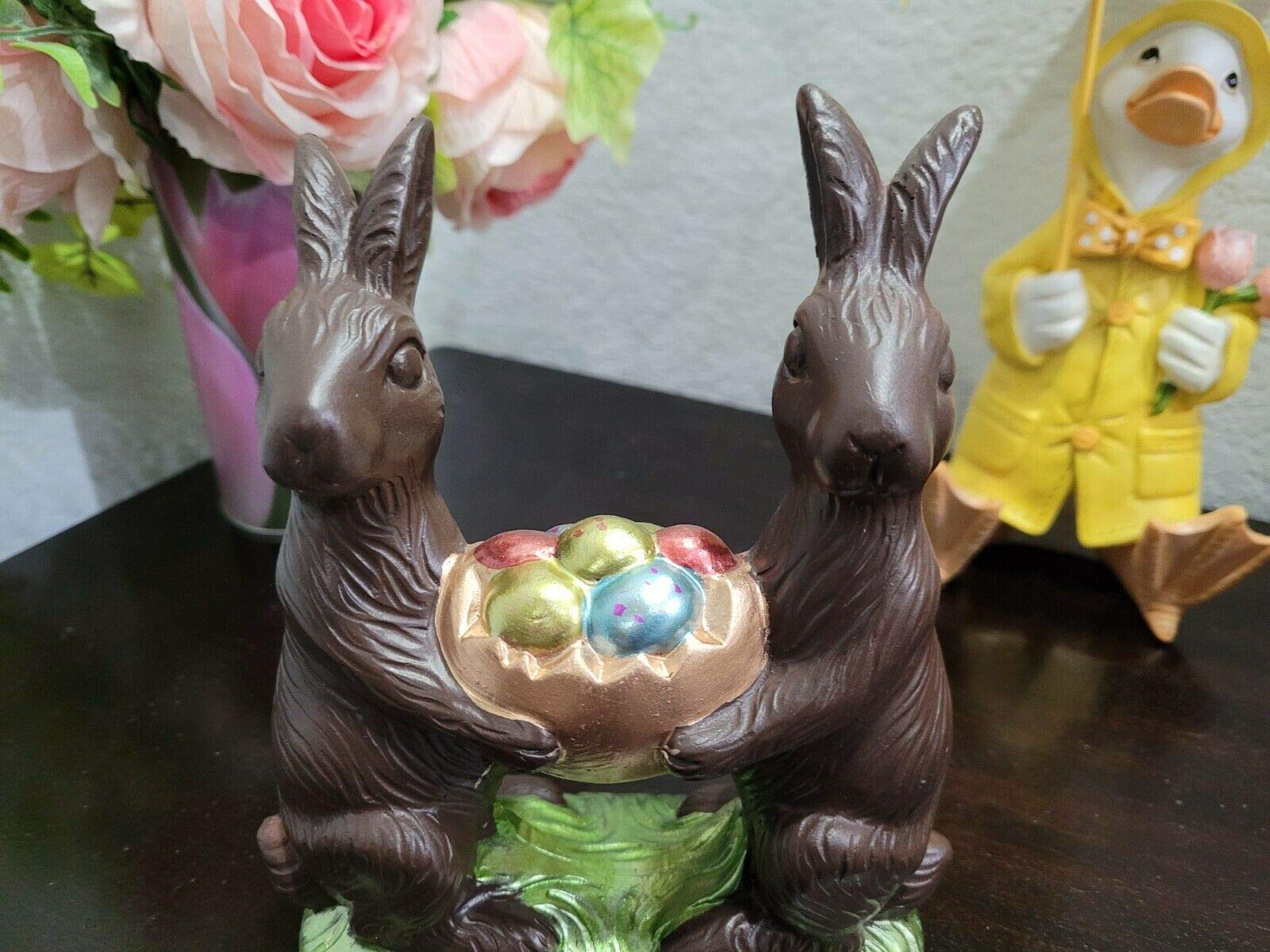 Easter Faux Chocolate Bunny Rabbit Basket with Eggs - Spring Tabletop Decor for Home, Office, Party Centerpiece - Cute Easter Decoration for Mantel, Dining Table, and Holiday Display